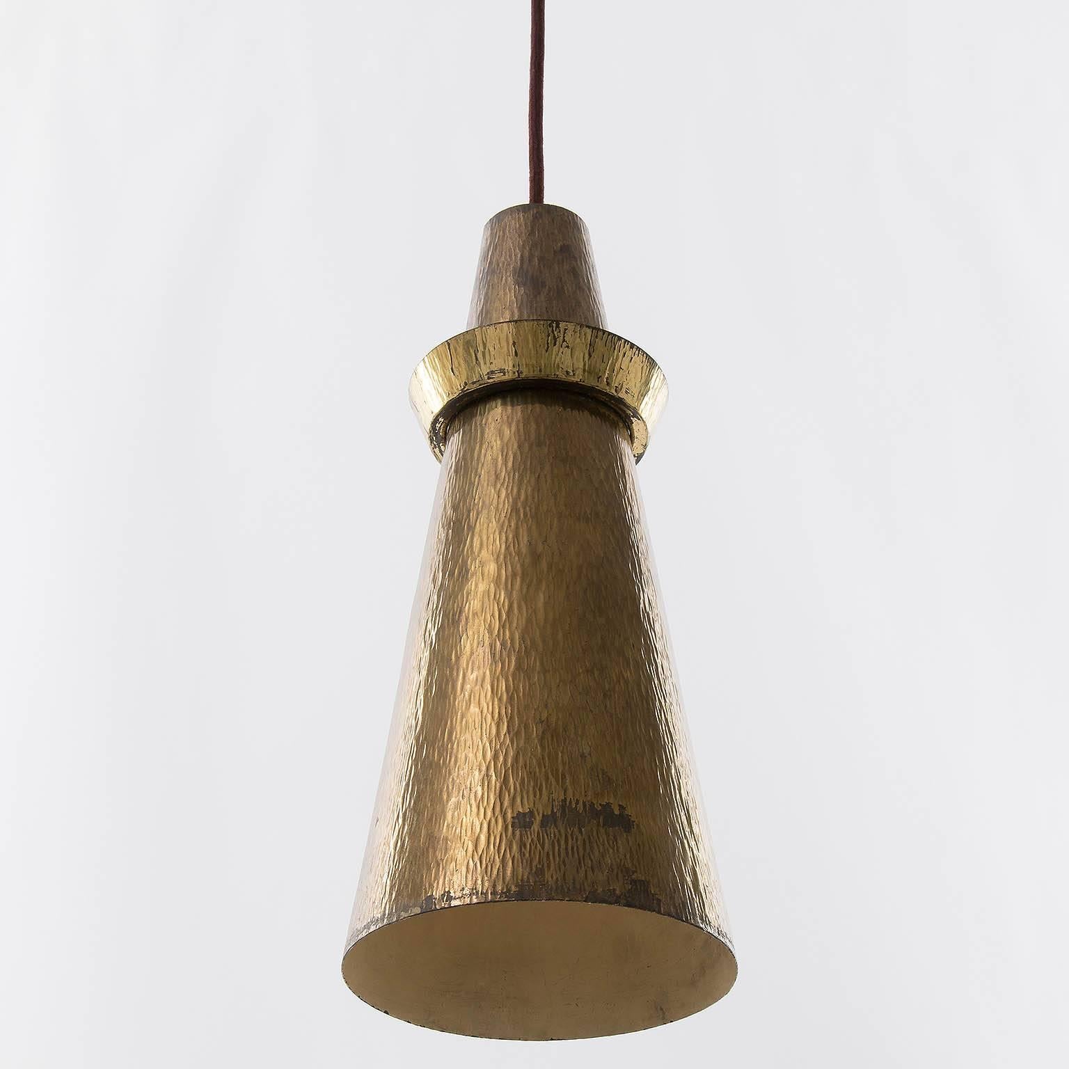 Mid-20th Century One of Six Pendant Lights, Hammered Patinated Brass, 1960s For Sale