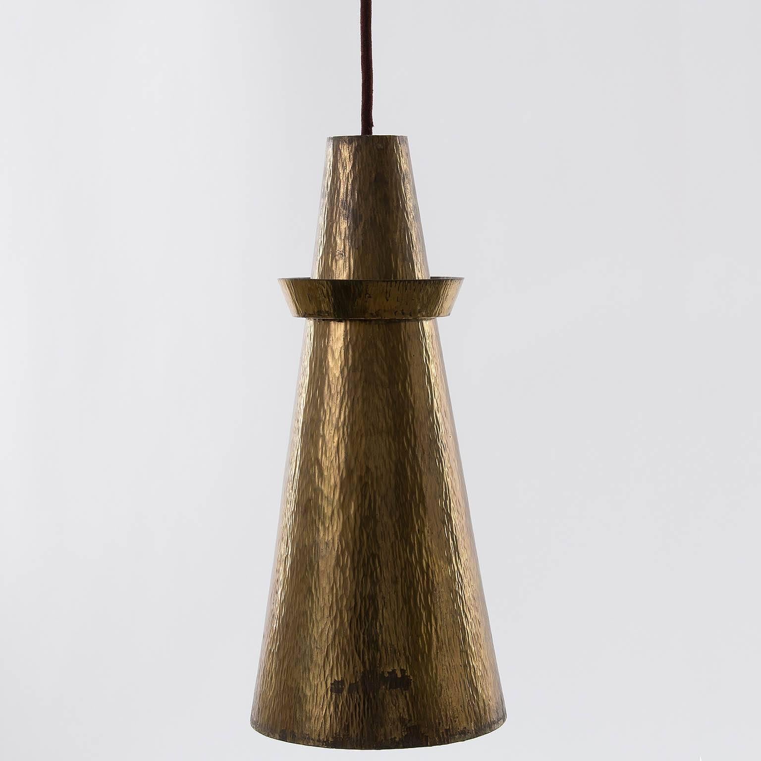 Mid-Century Modern One of Six Pendant Lights, Hammered Patinated Brass, 1960s For Sale