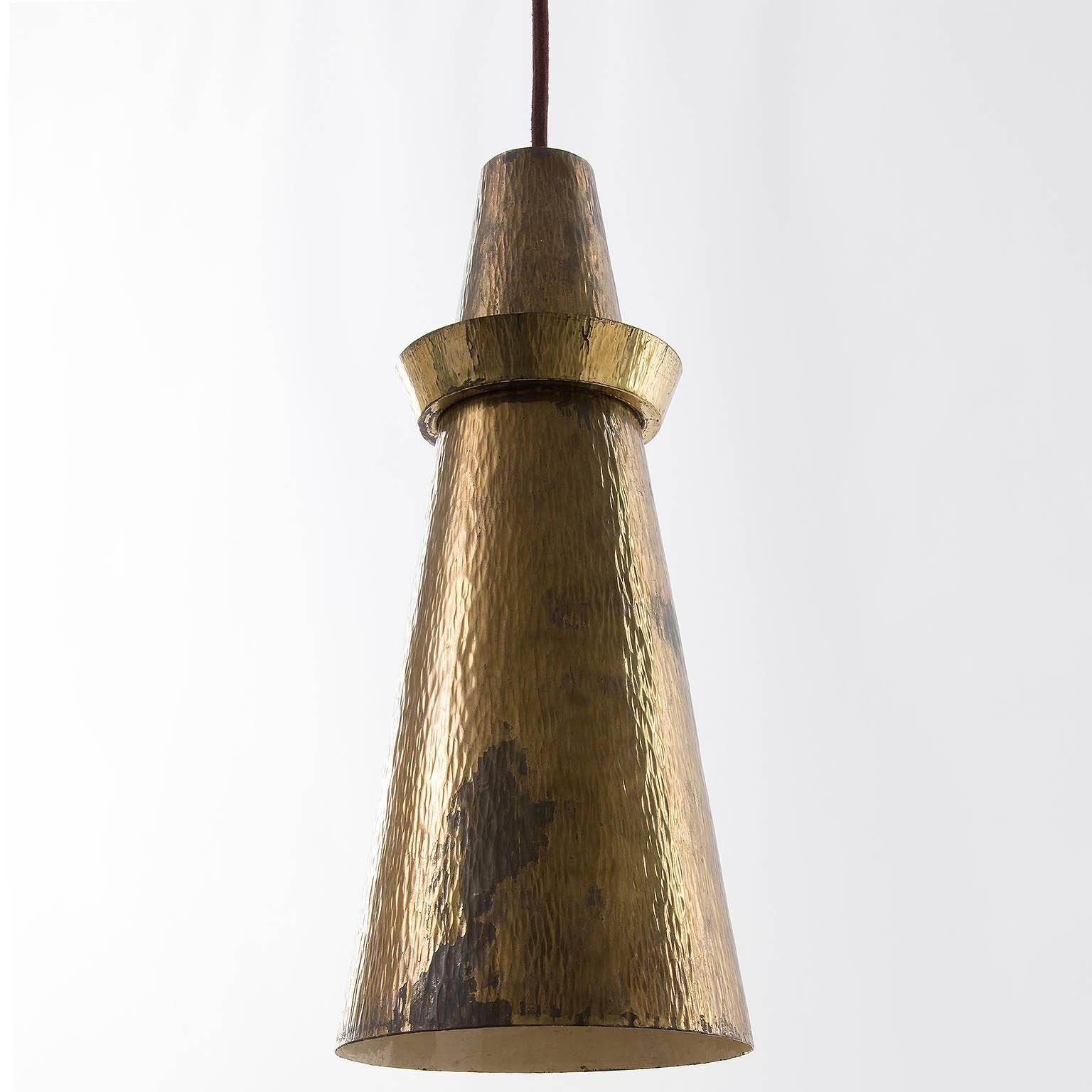 Italian One of Six Pendant Lights, Hammered Patinated Brass, 1960s For Sale