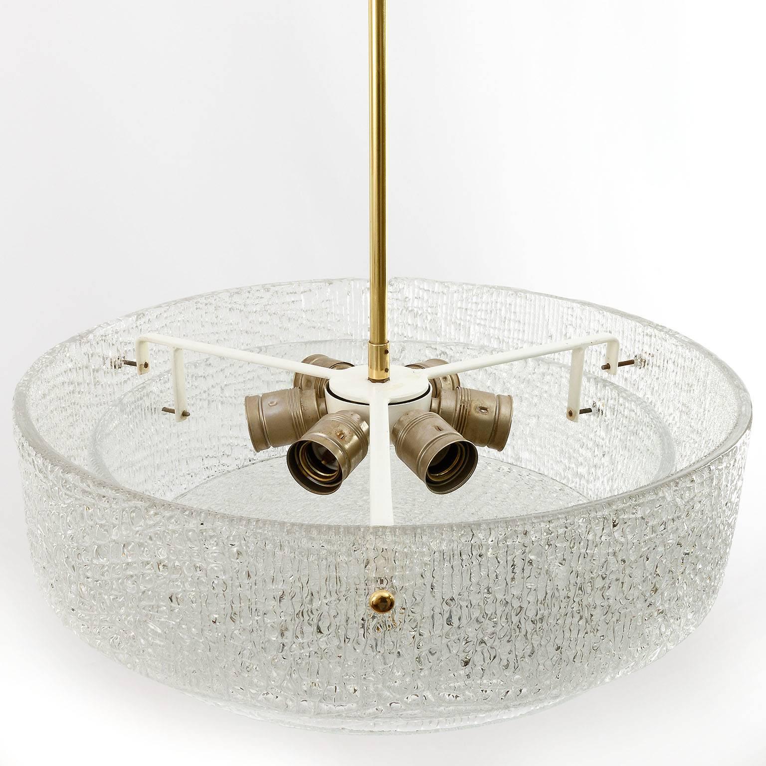 Lacquered 1950s Kalmar Chandelier, Textured Glass and Brass