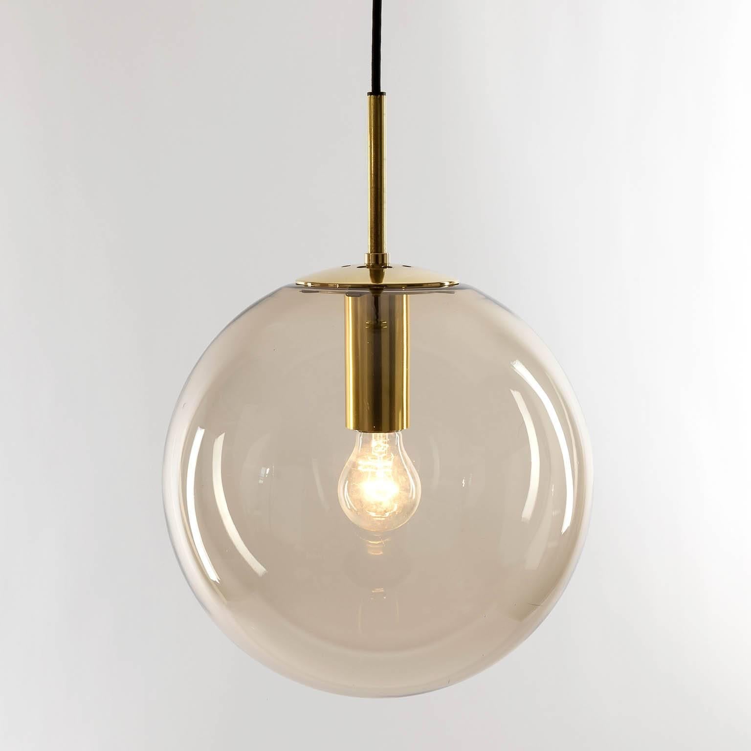 Polished Limburg Pendant Lights, Brass and Brown Glass Globes, 1960s