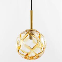 Three Doria Pendant Lights, Brass and Textured Amber Glass Globe, 1960s