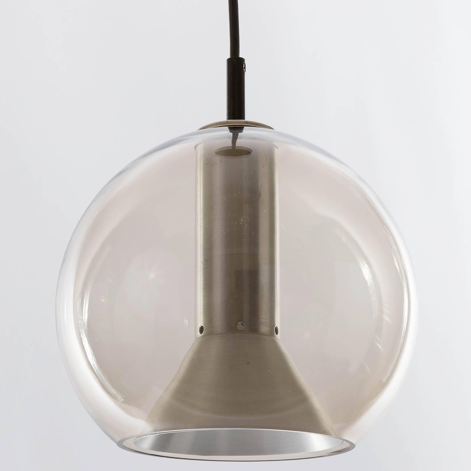 Dutch Three RAAK Pendant Lights by Frank Ligtelijn, Smoked Glass Globes, 1960s