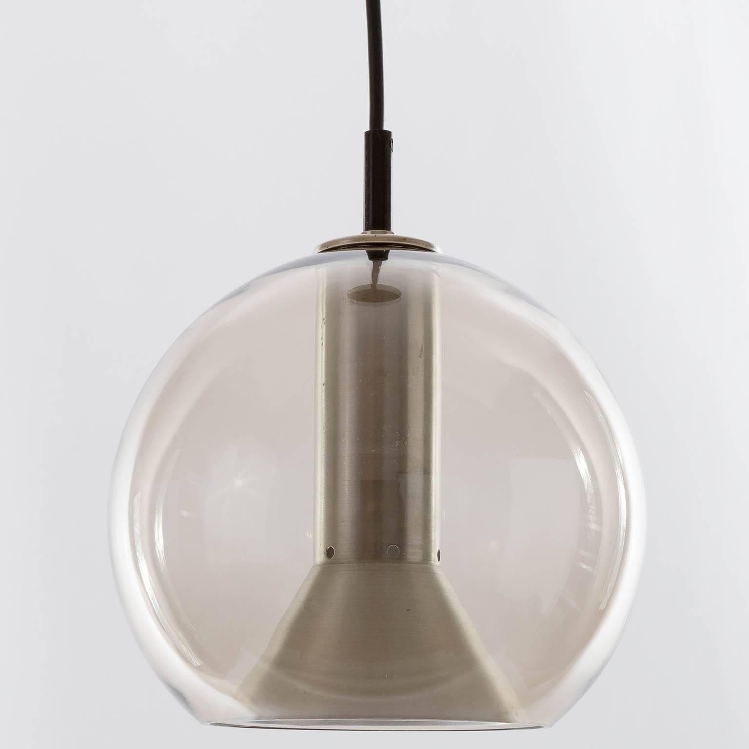 Mid-Century Modern Three RAAK Pendant Lights by Frank Ligtelijn, Smoked Glass Globes, 1960s