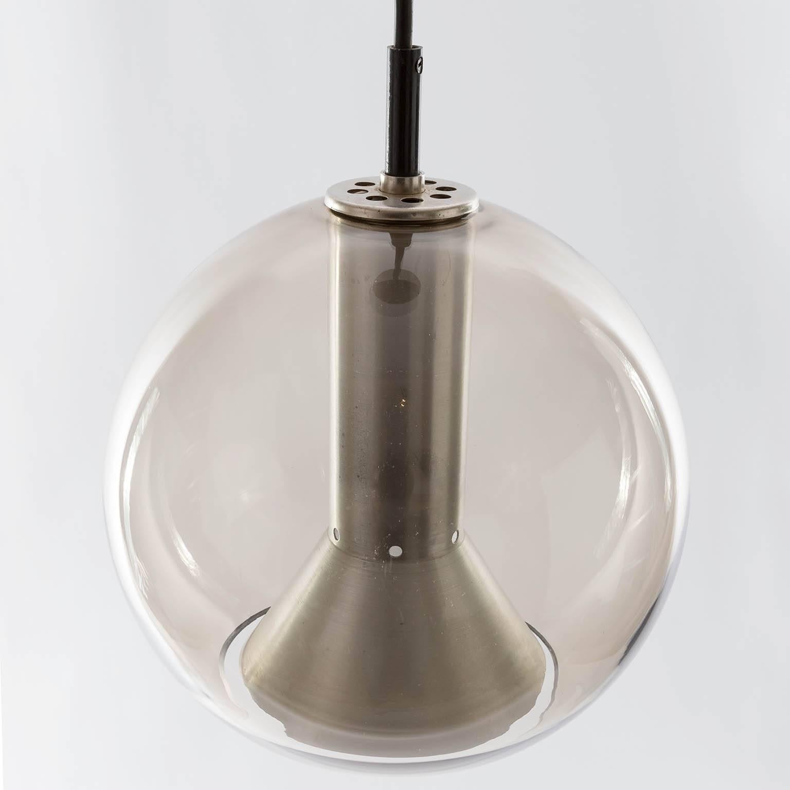 Mid-20th Century Three RAAK Pendant Lights by Frank Ligtelijn, Smoked Glass Globes, 1960s