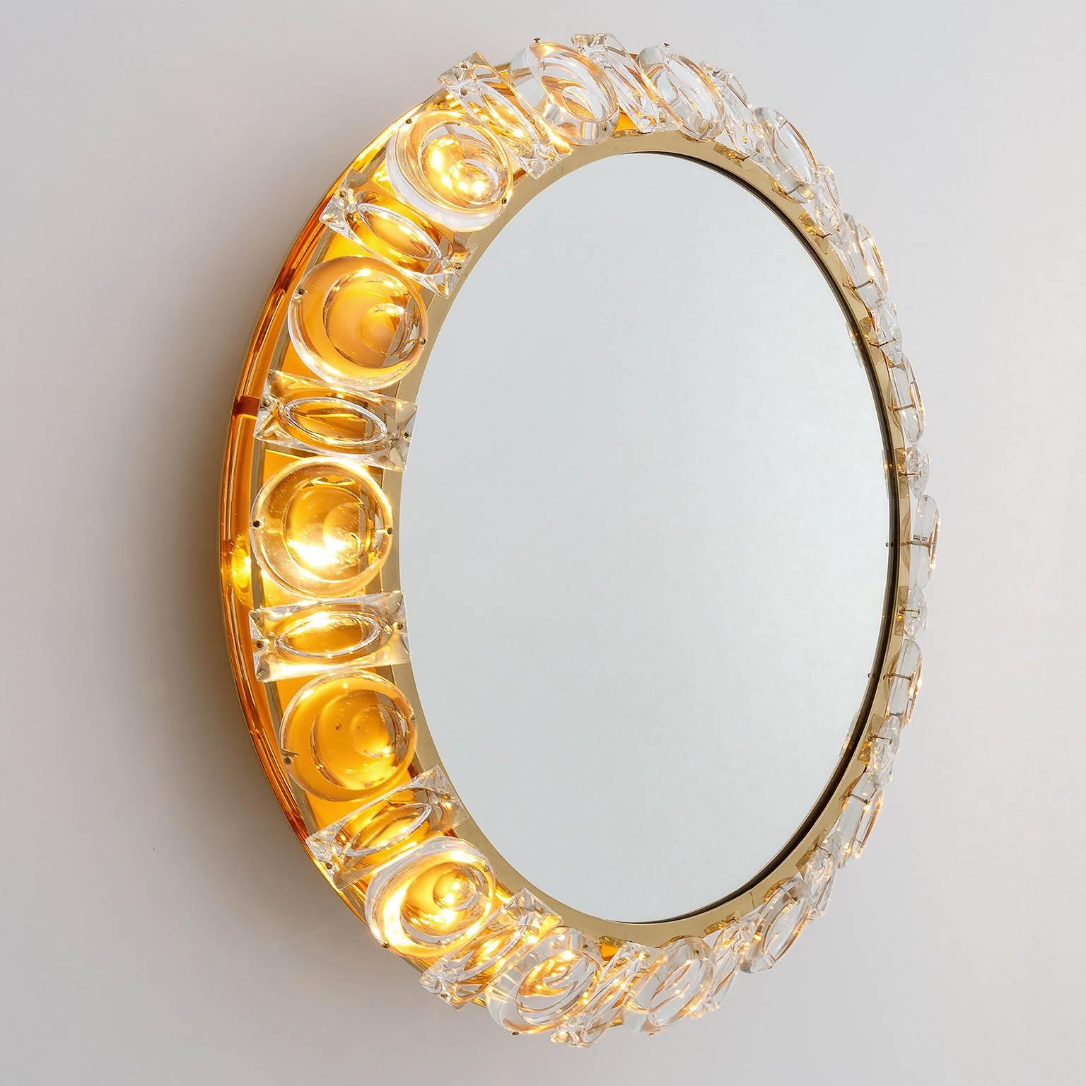 German Mid-Century Modern Gilded Brass and Crystal Backlit Mirror by Palwa, 1970 For Sale