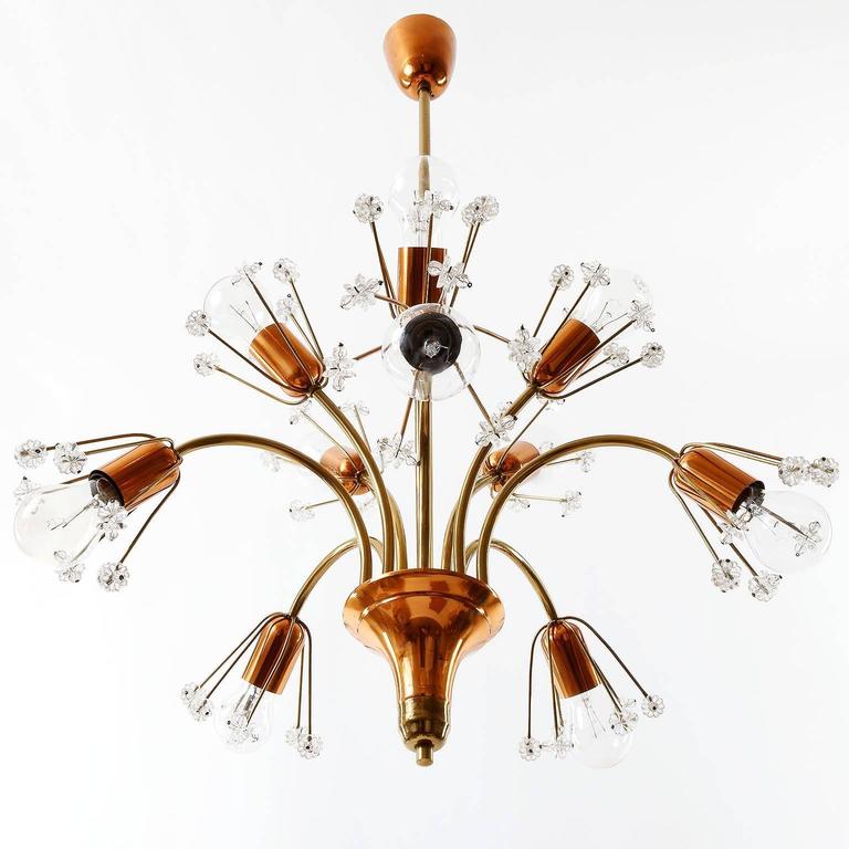 Mid-Century Modern Emil Stejnar Sputnik Chandelier, Rupert Nikoll, Brass Copper Glass, Vienna 1950s