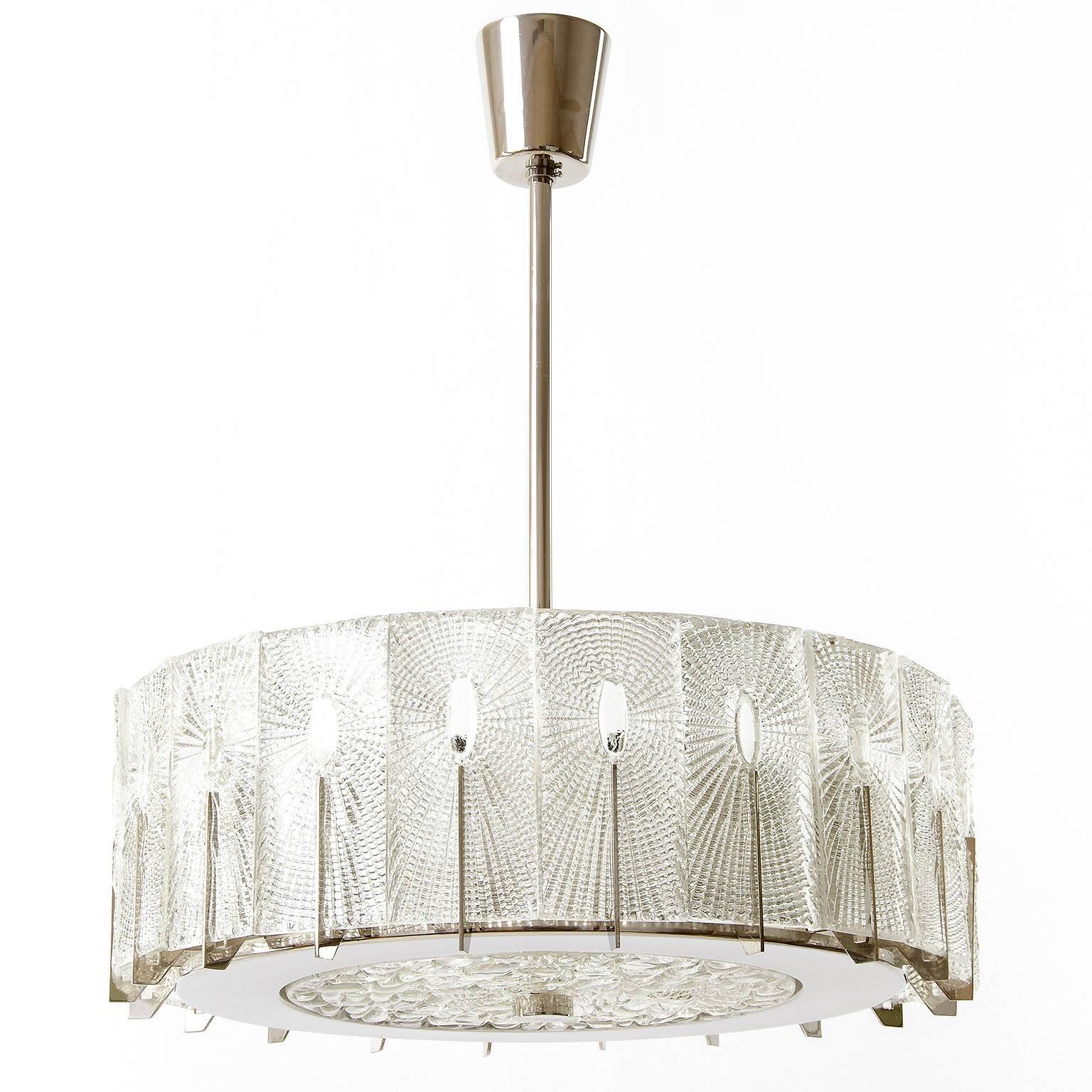 Mid-Century Modern Pair of Chandeliers or Flush Mount Lights by Rupert Nikoll, Glass Nickel, 1950s