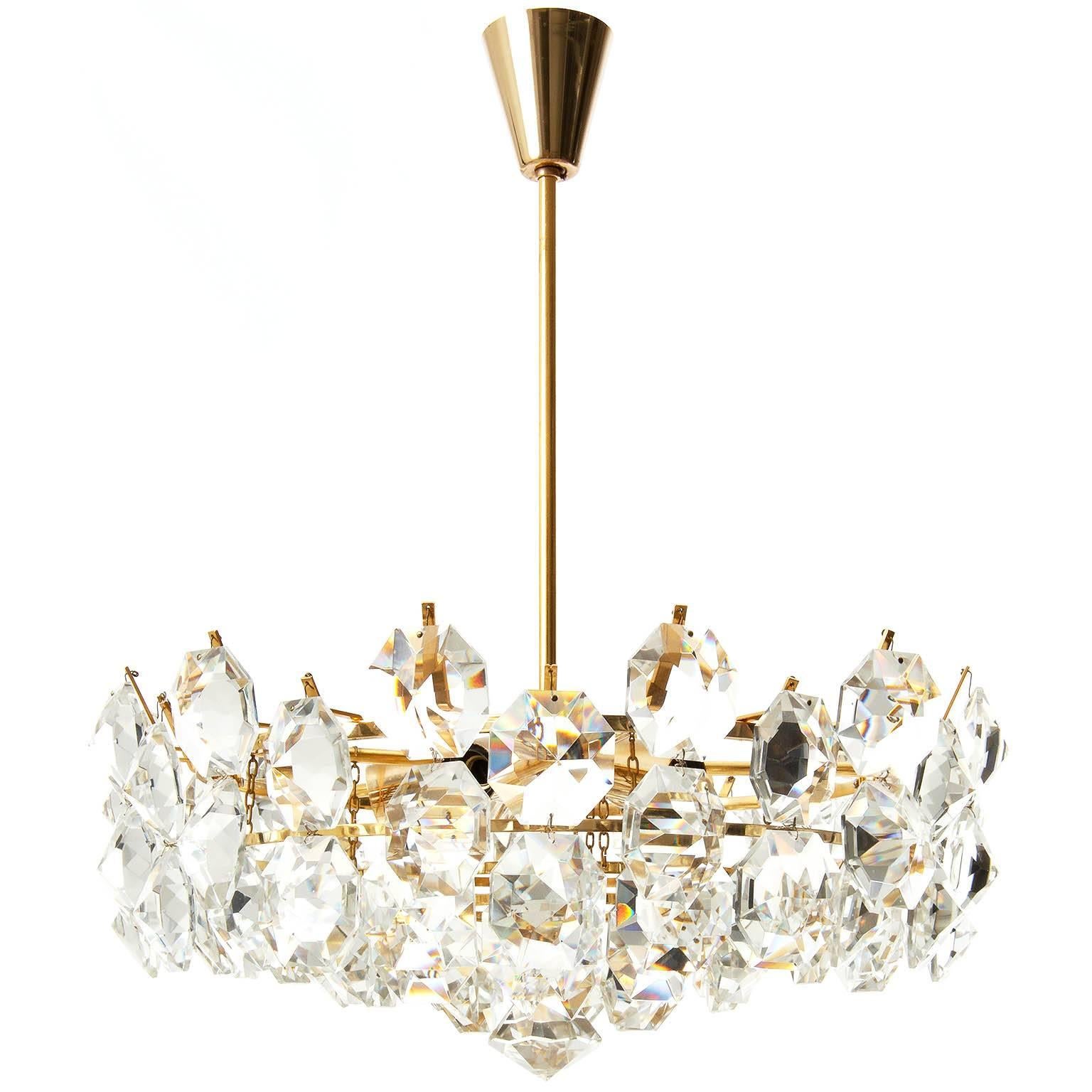 Bakalowits Style Chandelier, Gilt Brass and Crystal Glass, Austria, 1960s