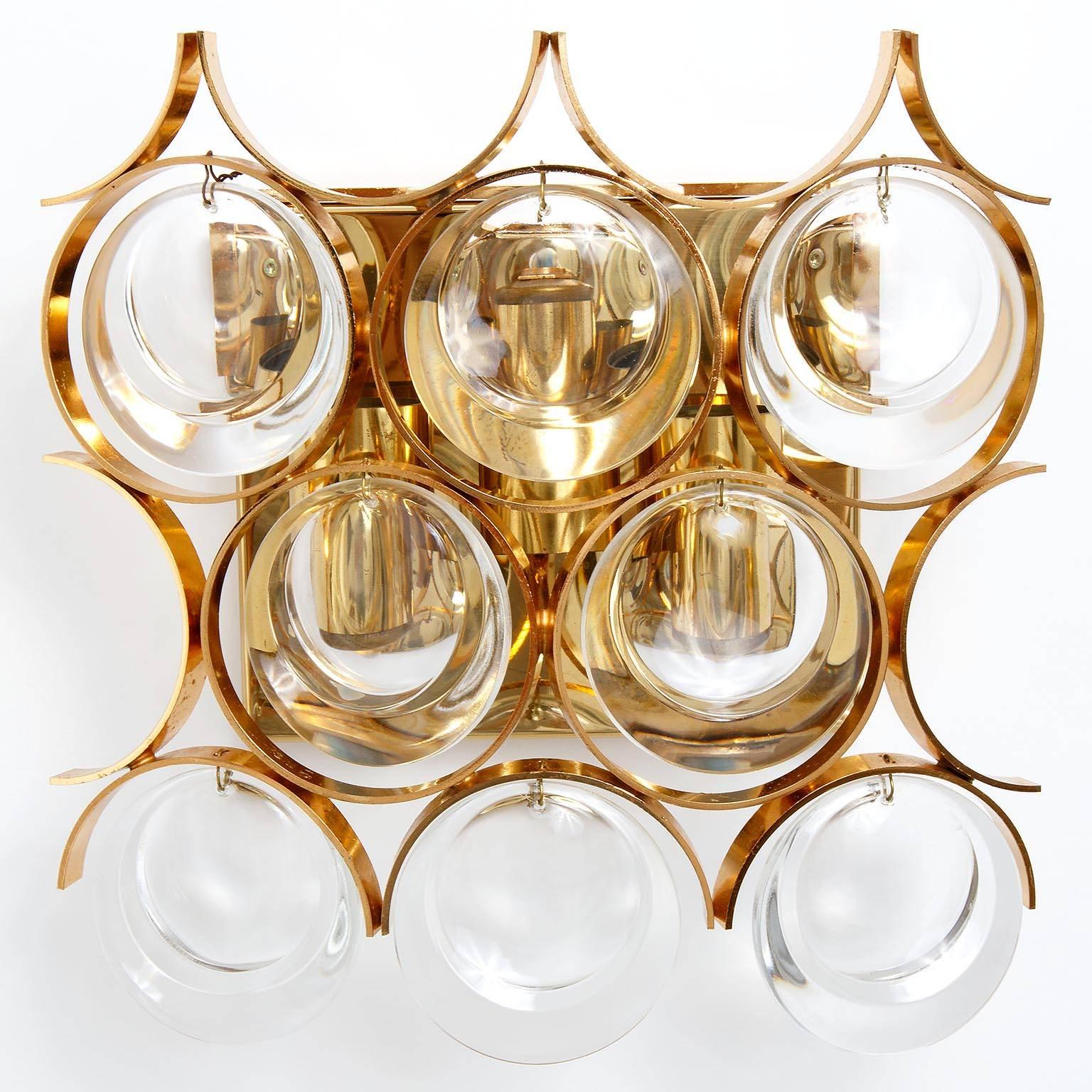 Mid-Century Modern Palwa Sconces Wall Lights, Sciolari Design, Gilt Brass Crystal Glass, 1970 For Sale