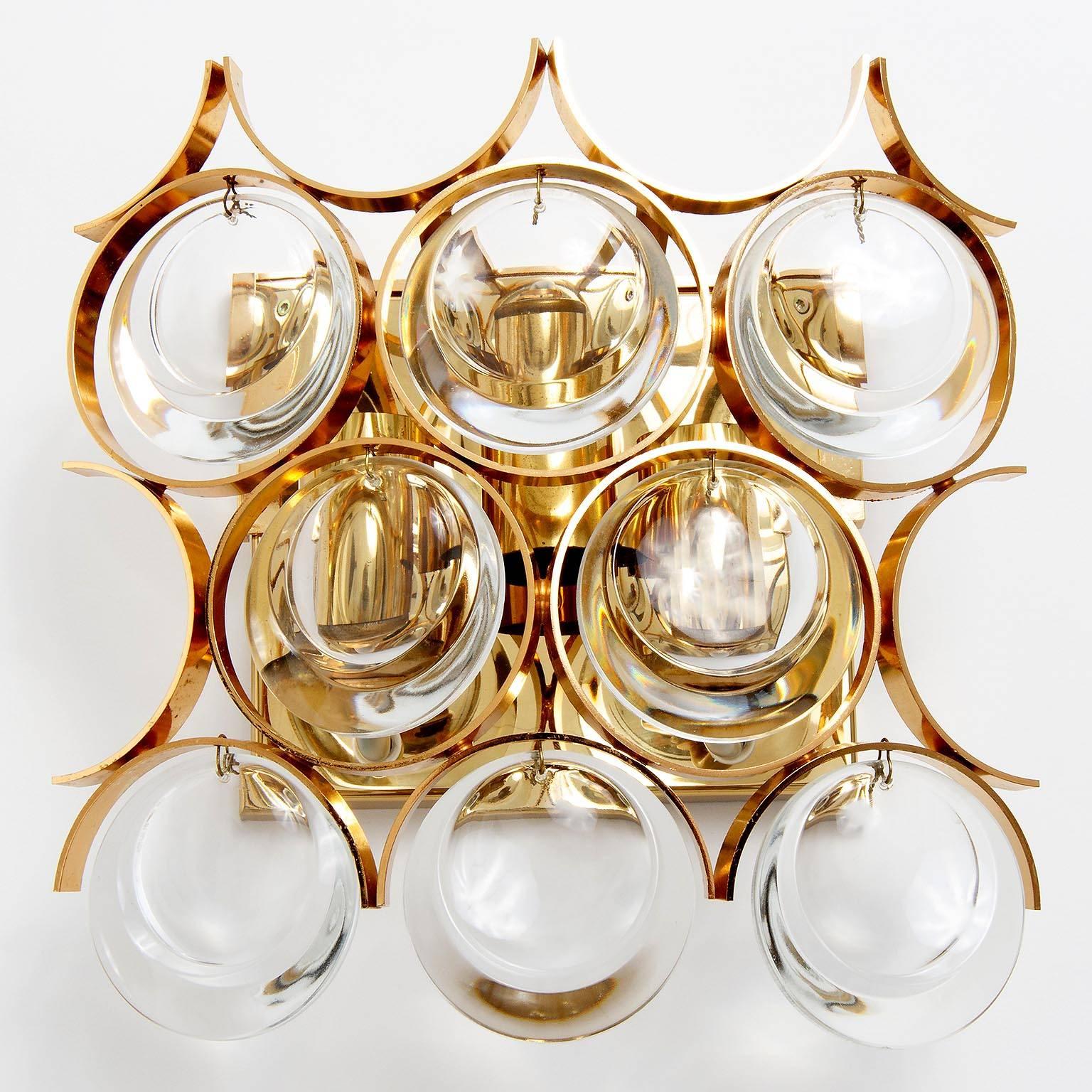 German Palwa Sconces Wall Lights, Sciolari Design, Gilt Brass Crystal Glass, 1970 For Sale