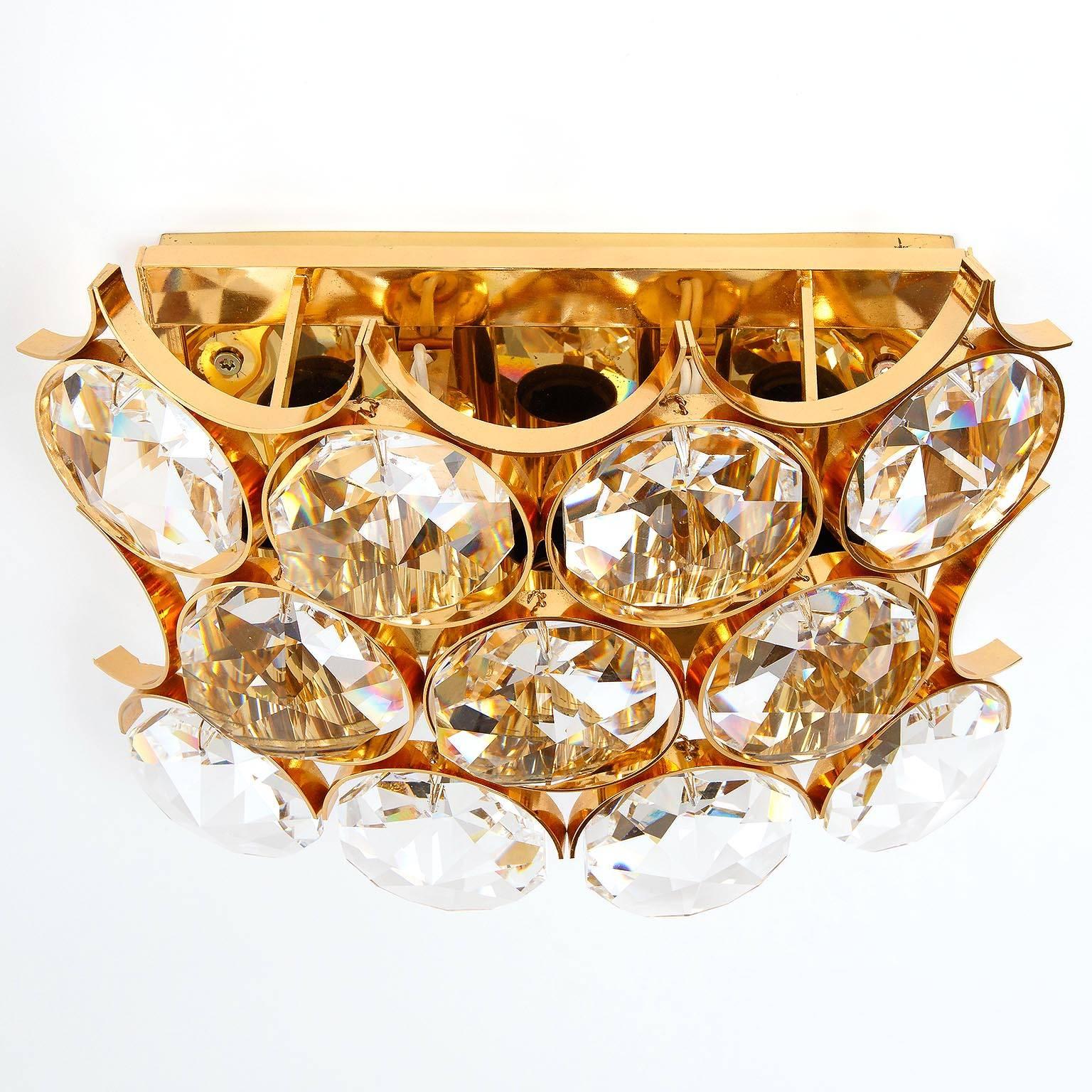 Hollywood Regency Pair of Palwa Sconces Wall Lights, Gilt Brass and Crystal Glass, 1970 For Sale