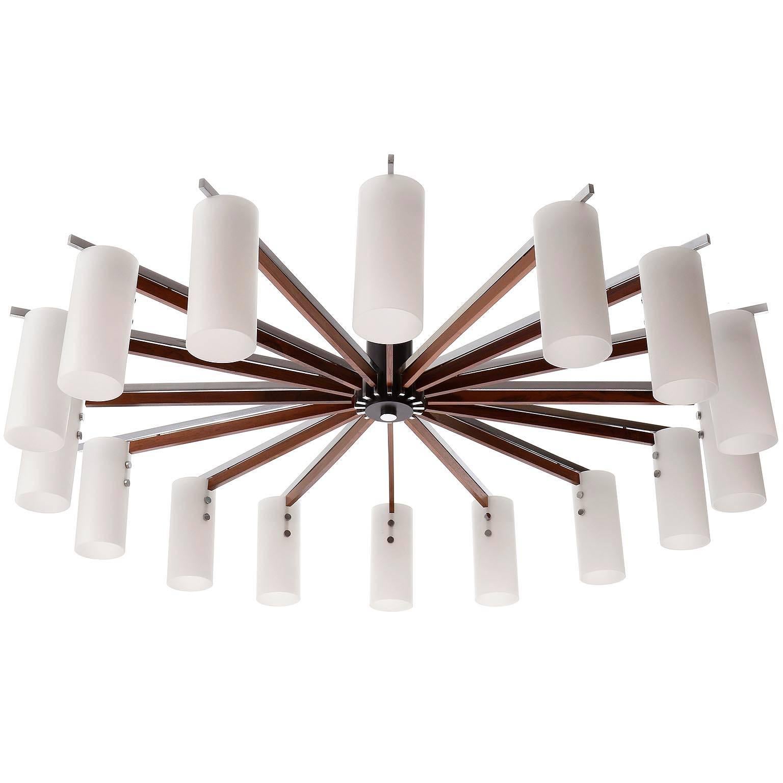 Mid-Century Modern Two Huge Flush Mount Light Fixtures, Opal Glass Wood Nickel, Austria, 1970