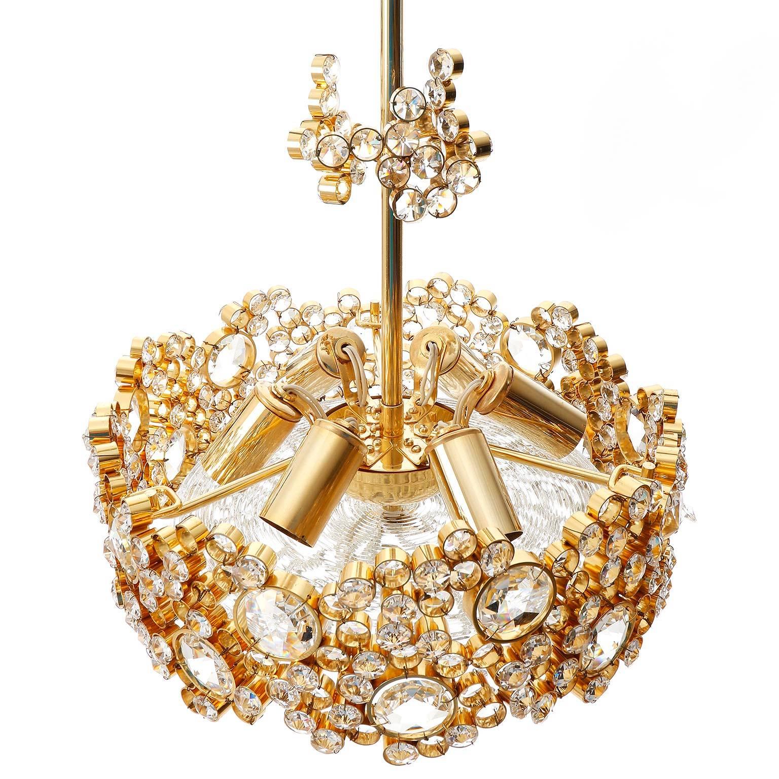 Mid-Century Modern Palwa Chandelier or Pendant Light, Gilt Brass and Crystal Glass, 1960s For Sale