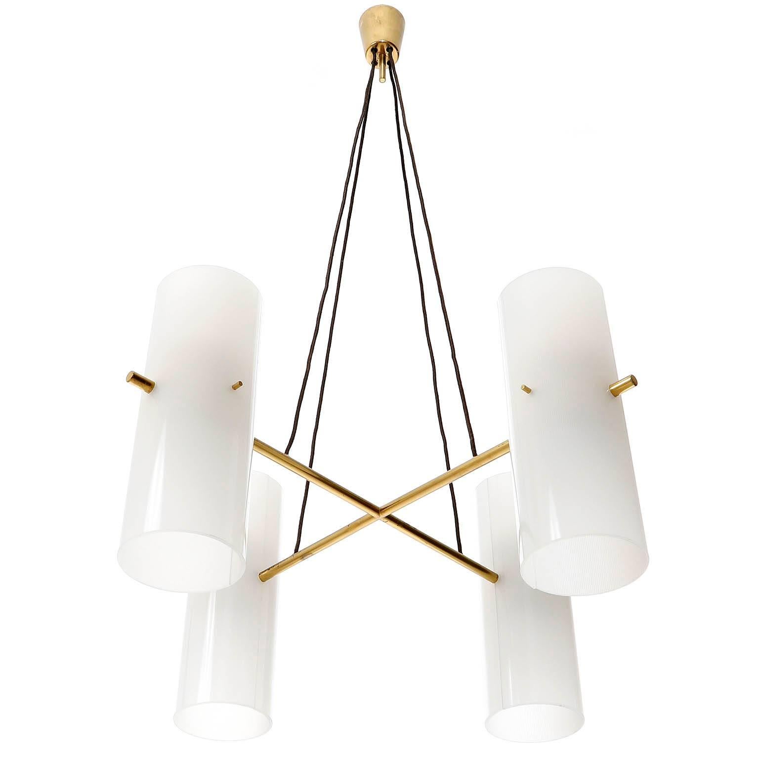 Kalmar Pendant Light 'Vierzylinder', Brass Opal Acrylic Glass, 1960s (Mitte des 20. Jahrhunderts)