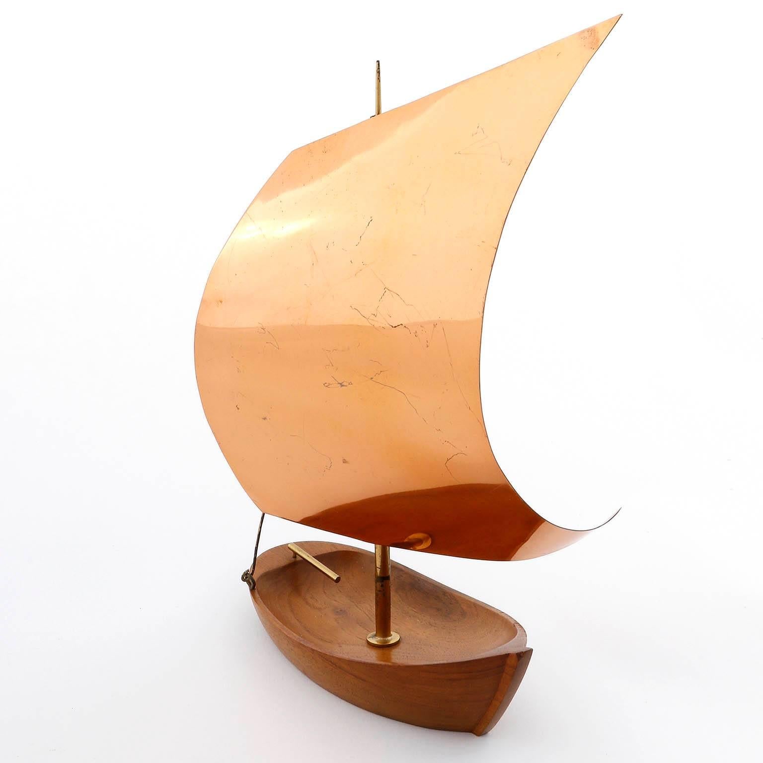 Mid-Century Modern Franz Hagenauer Sailing Boat Ship, Wood Copper Brass, Austria, 1950