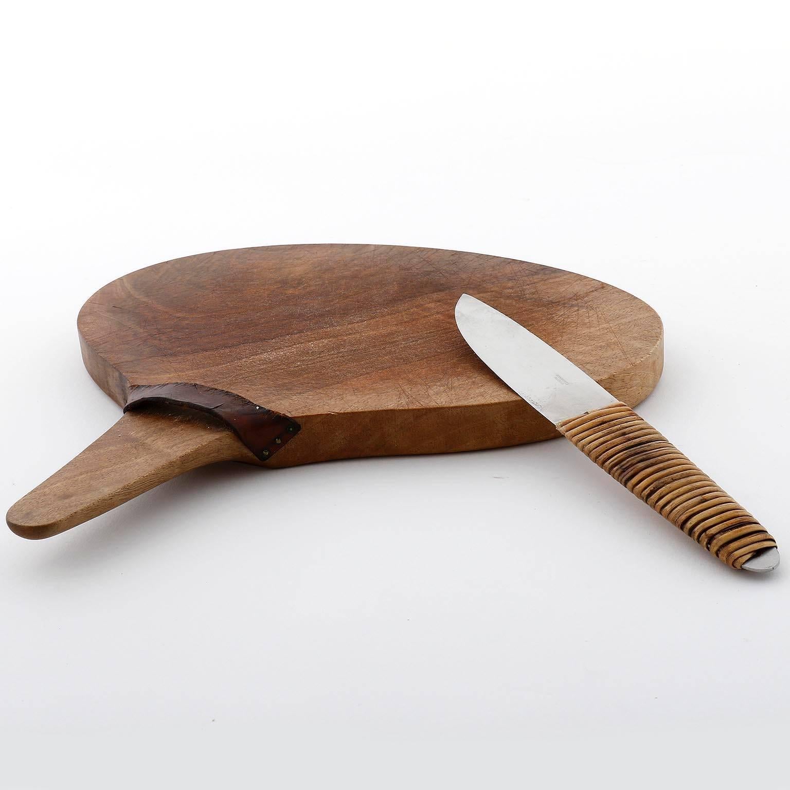 Austrian Carl Auböck, Chopping Board Knife, Wood Wicker Stainless Steel, Austria, 1950s