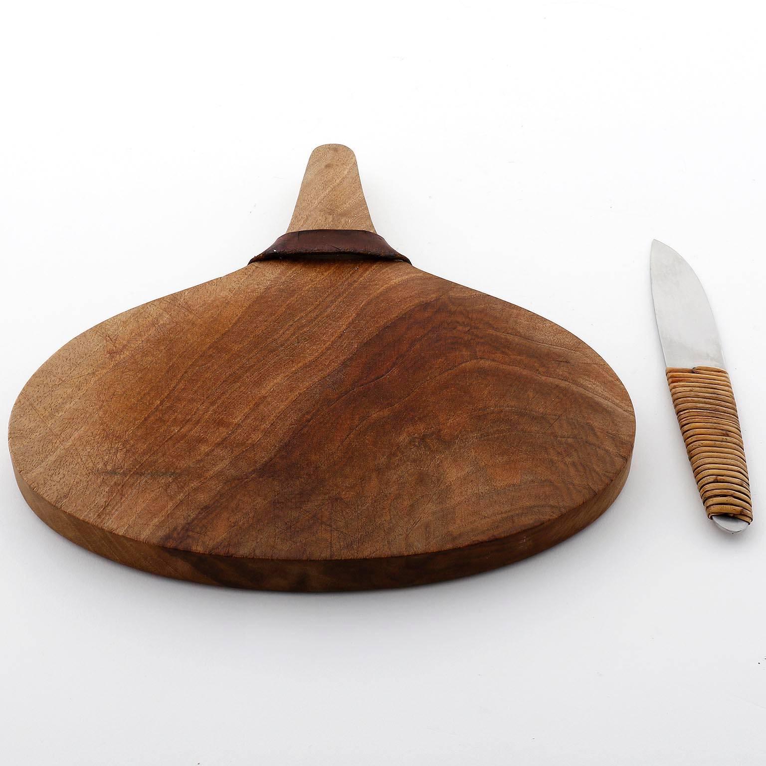 Mid-Century Modern Carl Auböck, Chopping Board Knife, Wood Wicker Stainless Steel, Austria, 1950s