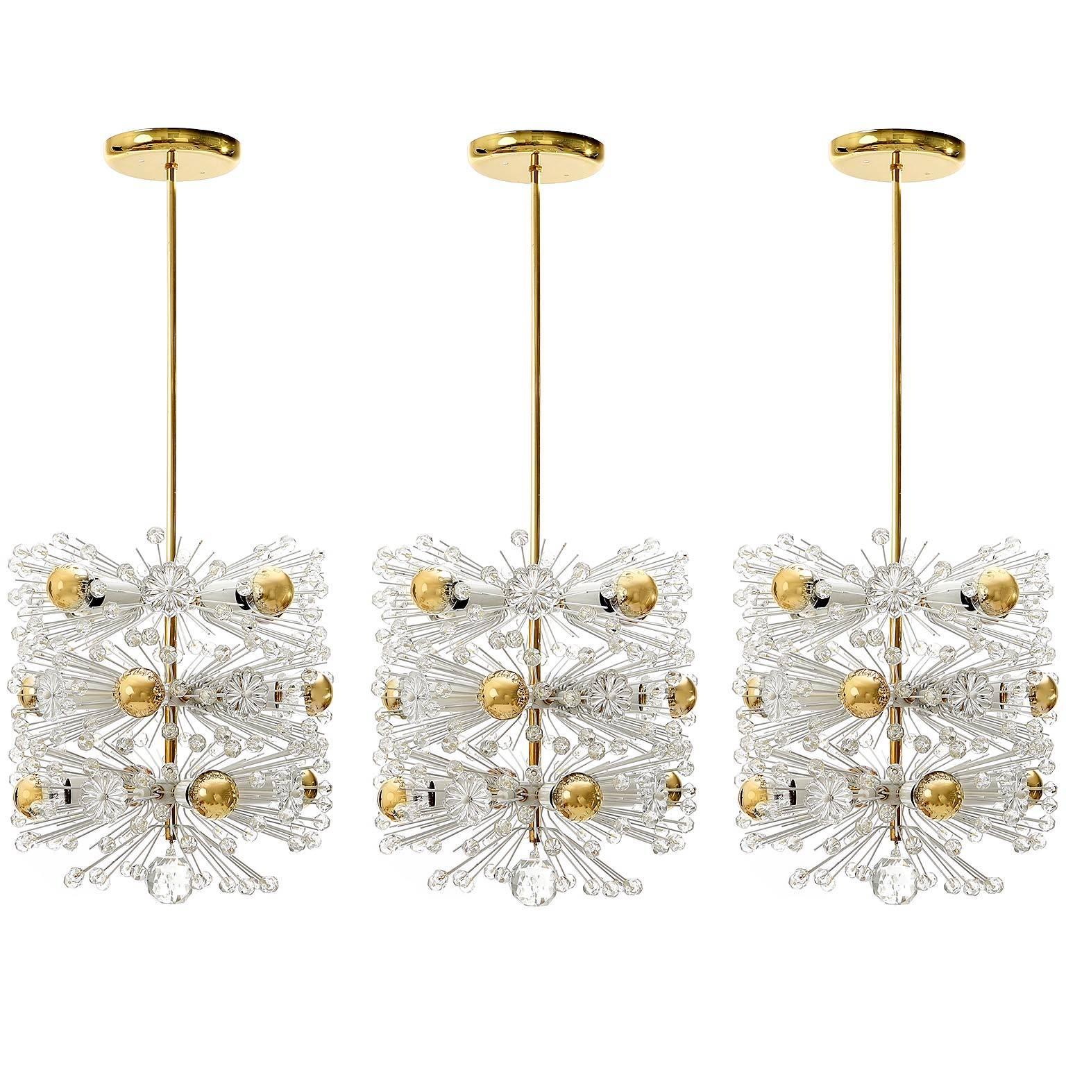 One of Three Emil Stejnar Pendant Lights Chandeliers, Brass Glass, Austria 1950s For Sale