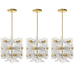 One of Three Emil Stejnar Pendant Lights Chandeliers, Brass Glass, Austria 1950s