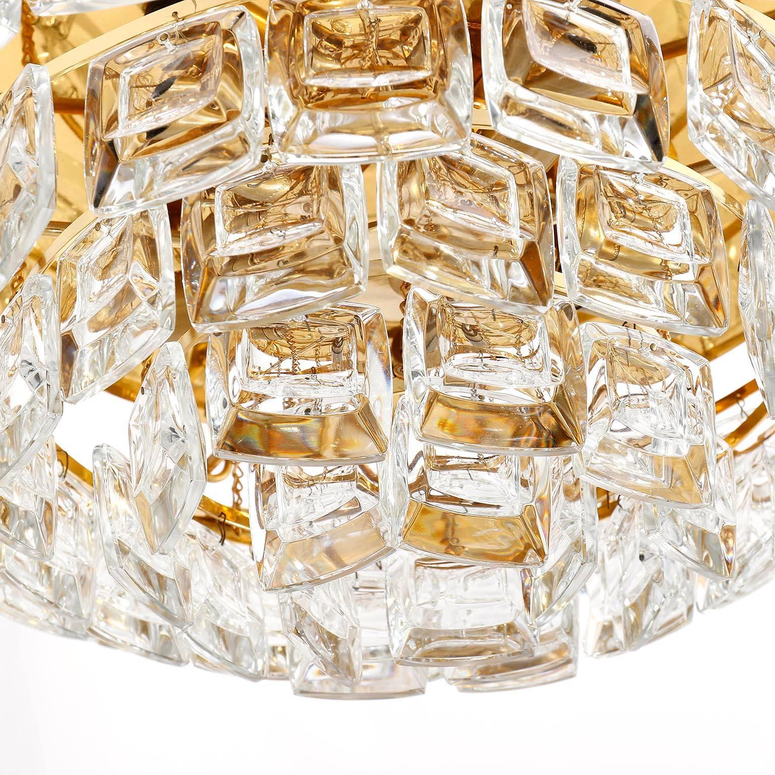 Cut Glass Mid-Century Modern Flush Mount Light by Palwa, Gilt Brass Crystal Glass, 1970