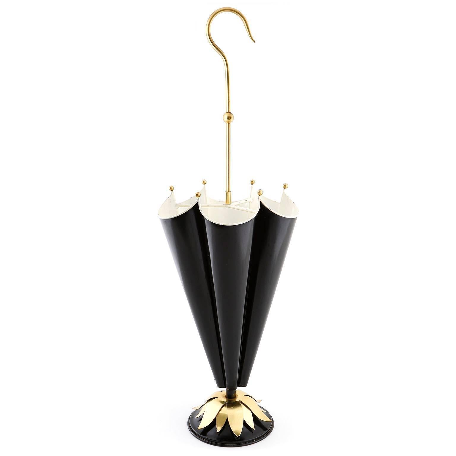 Umbrella Stand Holder, Brass Black White Metal, Italy, 1950s