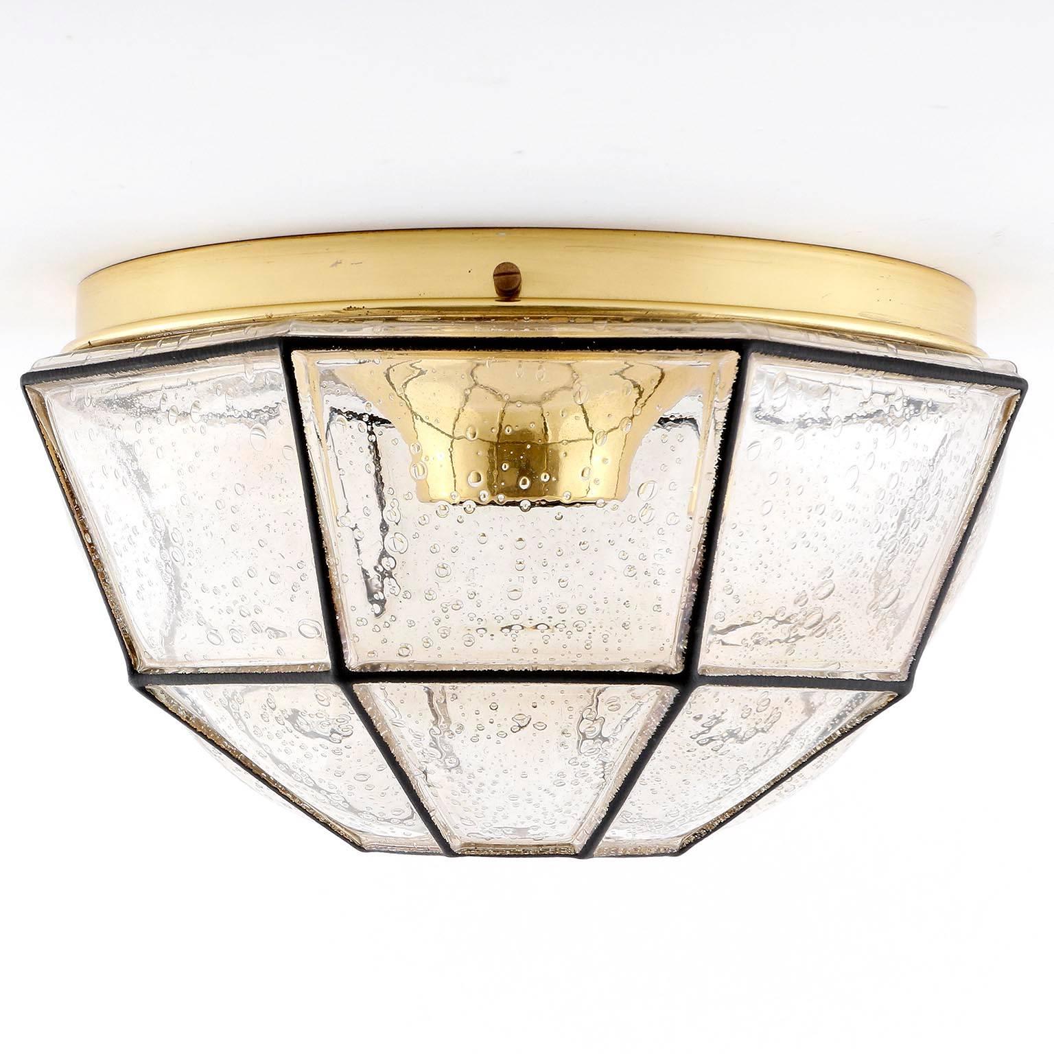 German Limburg Flush Mount Light, Brass and Amber Iron Glass, 1970s For Sale