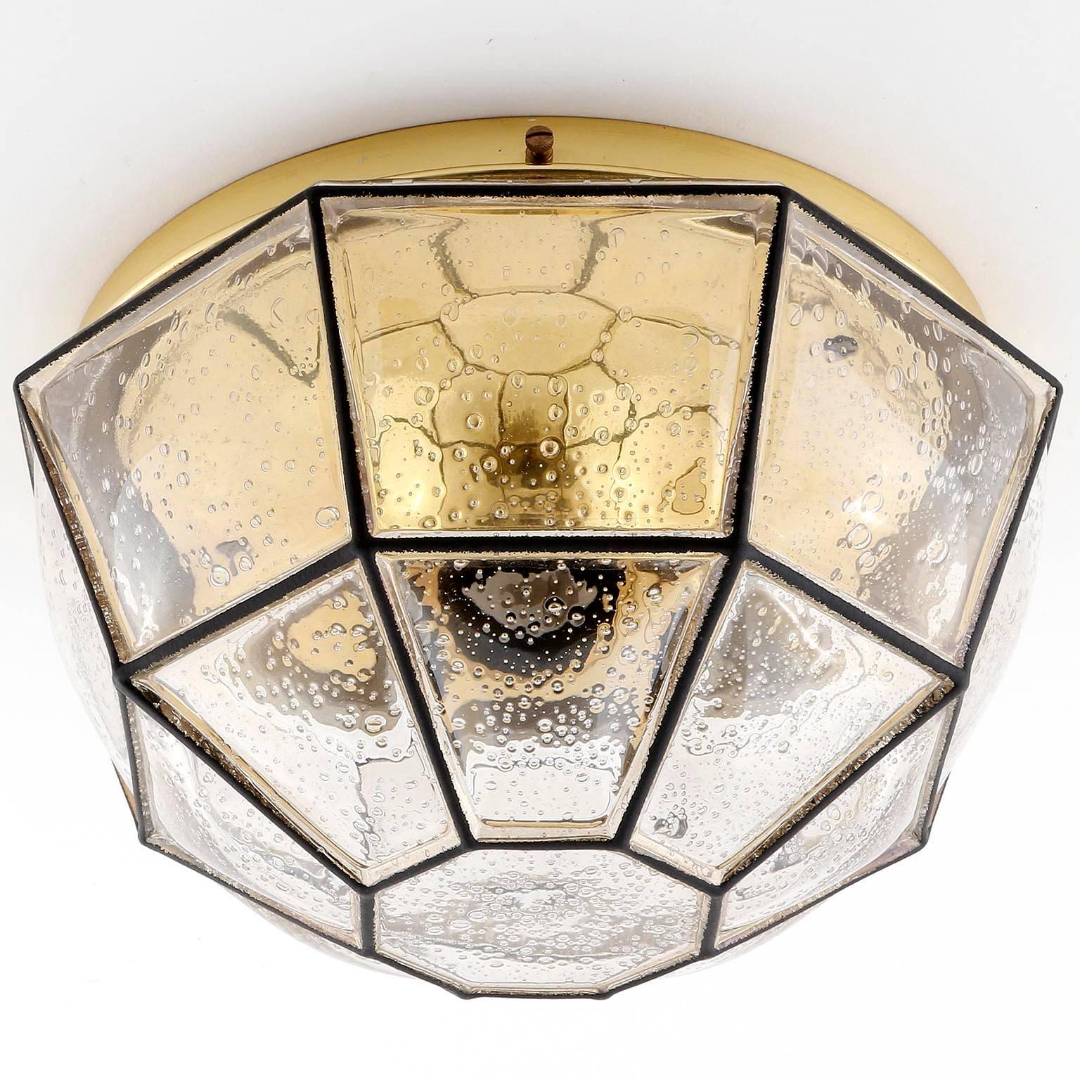 Mid-Century Modern Limburg Flush Mount Light, Brass and Amber Iron Glass, 1970s For Sale