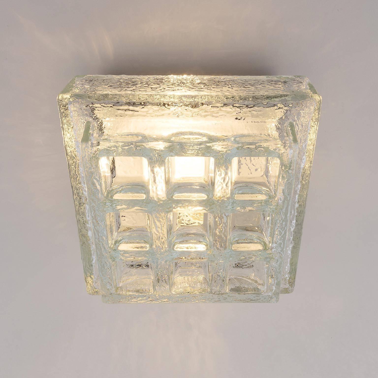 Metal One of Five Square Limburg Textured Glass Flush Mount Lights or Sconces, 1970 For Sale