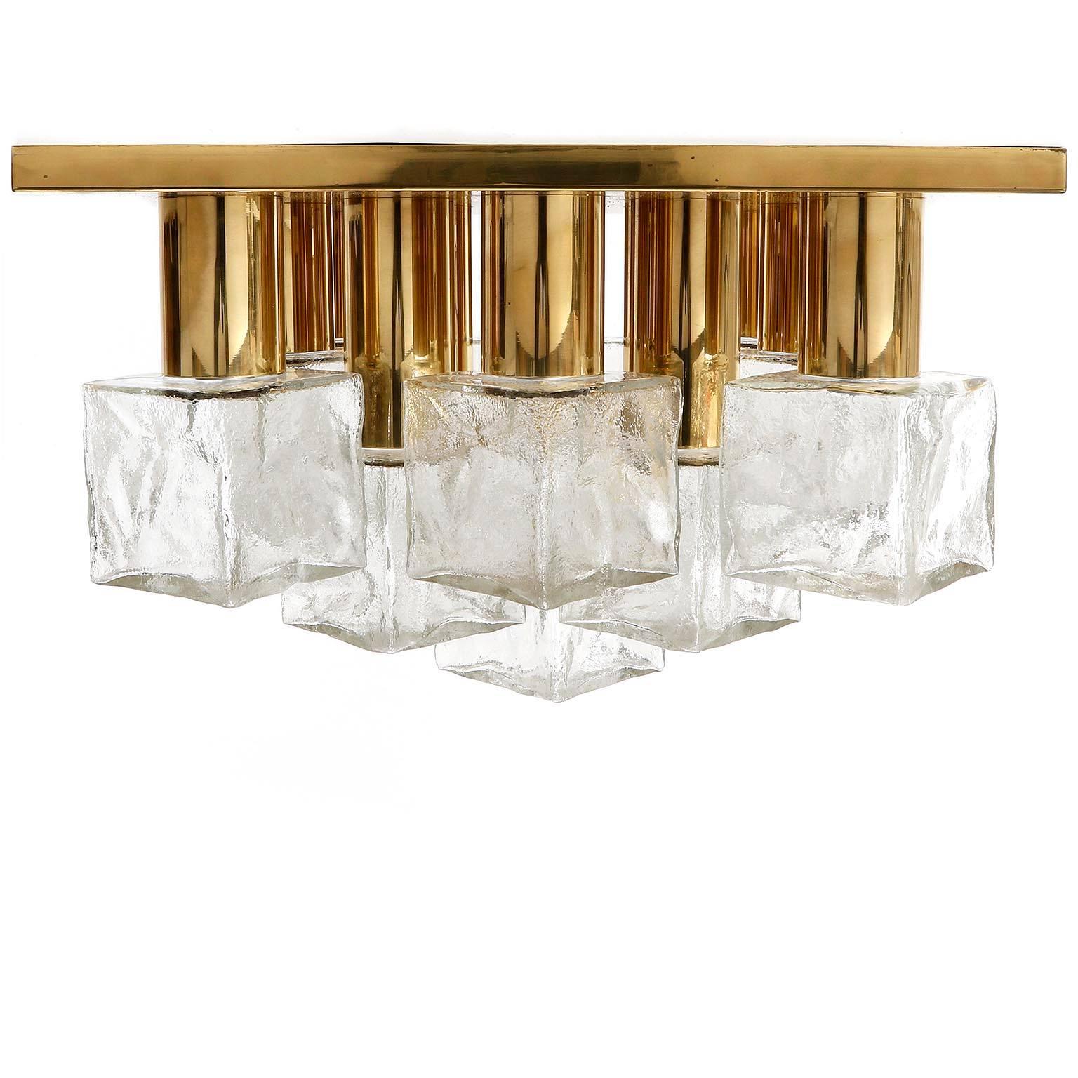 Mid-Century Modern Square Kalmar Flush Mount Light or Sconce, Brass Cast Ice Glass, 1970, 1 of 3 For Sale