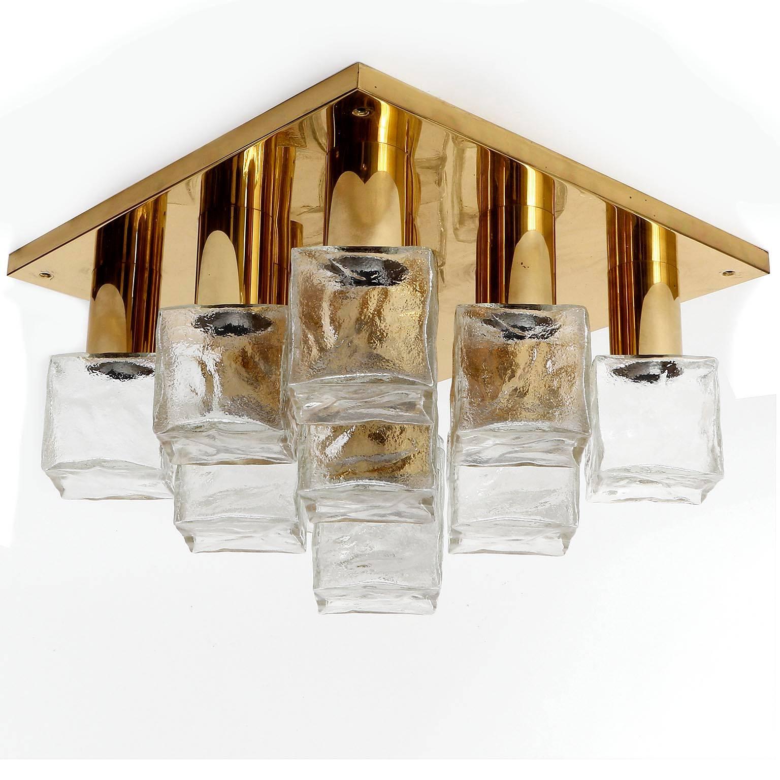 Austrian Square Kalmar Flush Mount Light or Sconce, Brass Cast Ice Glass, 1970, 1 of 3 For Sale