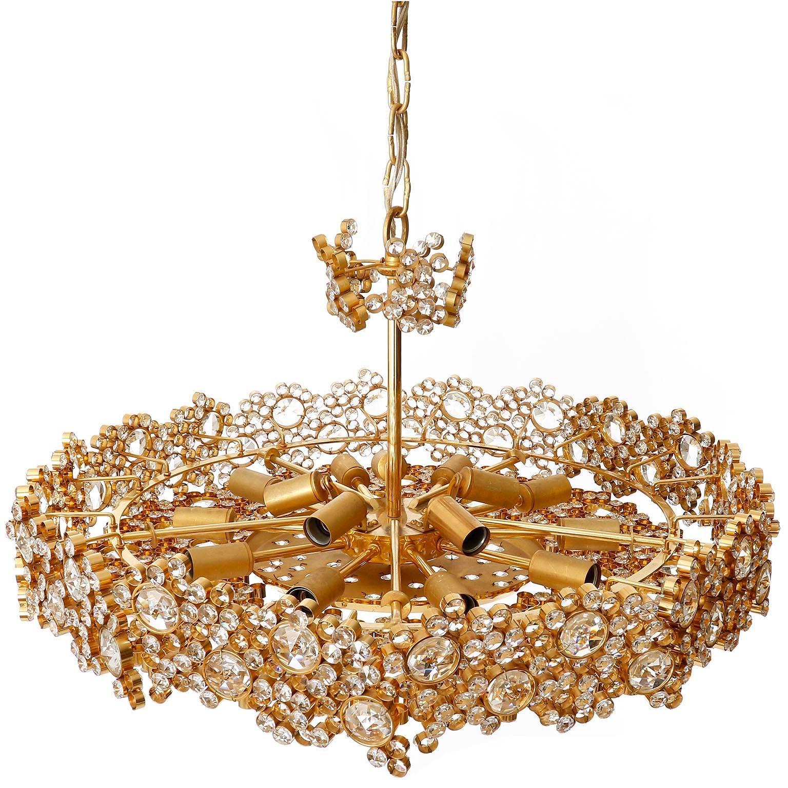 German Palwa Chandelier or Pendant Light, Gilt Brass Crystal Glass, 1970