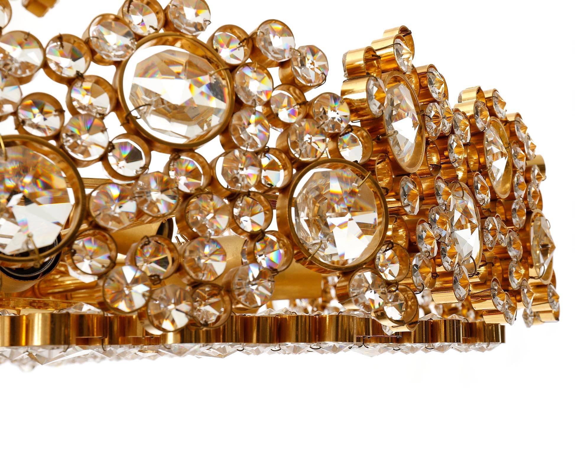 Mid-20th Century Palwa Chandelier or Pendant Light, Gilt Brass Crystal Glass, 1970