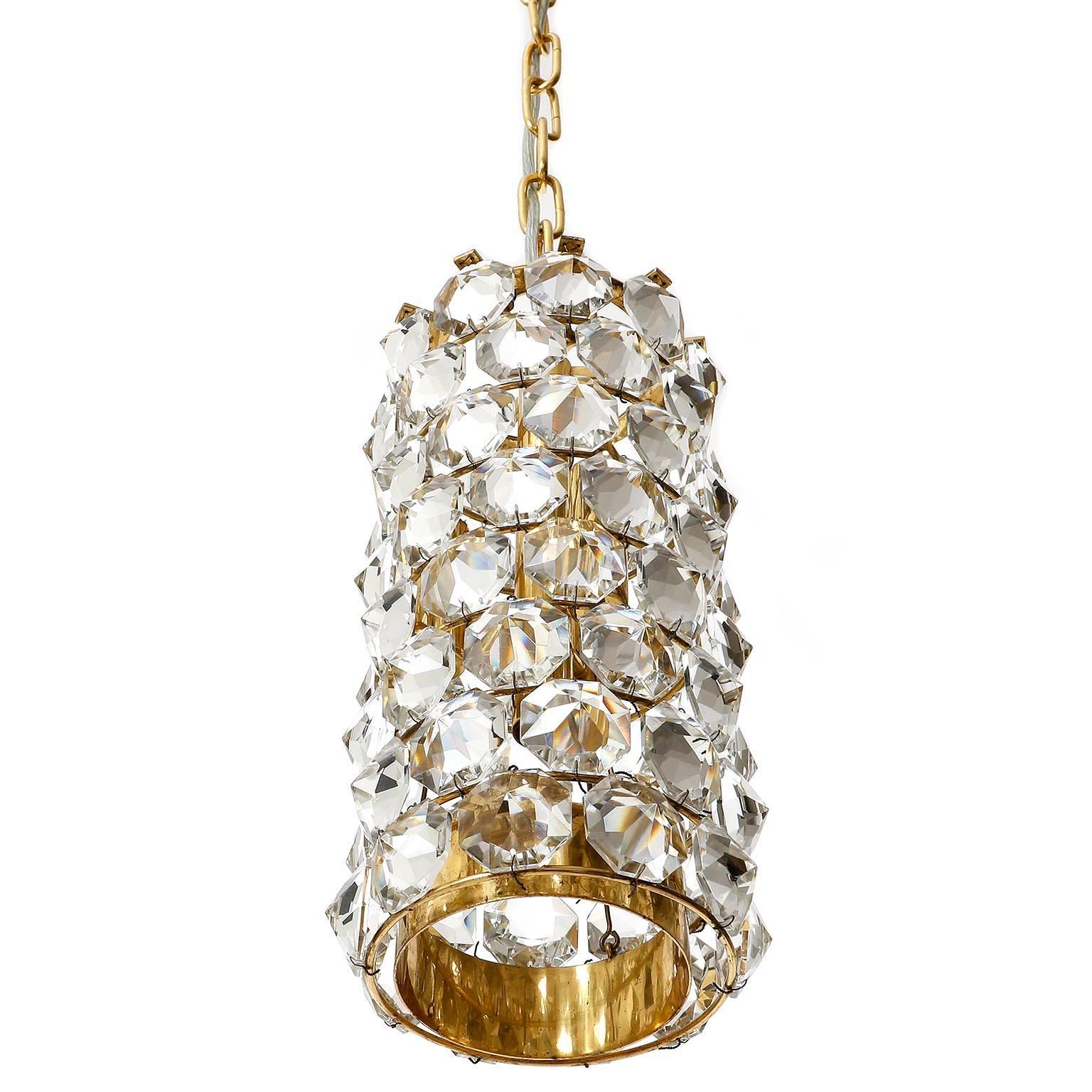 Mid-Century Modern Pair of J.L. Lobmeyr Pendant Lights Lanterns, Brass Crystal Glass, 1960s