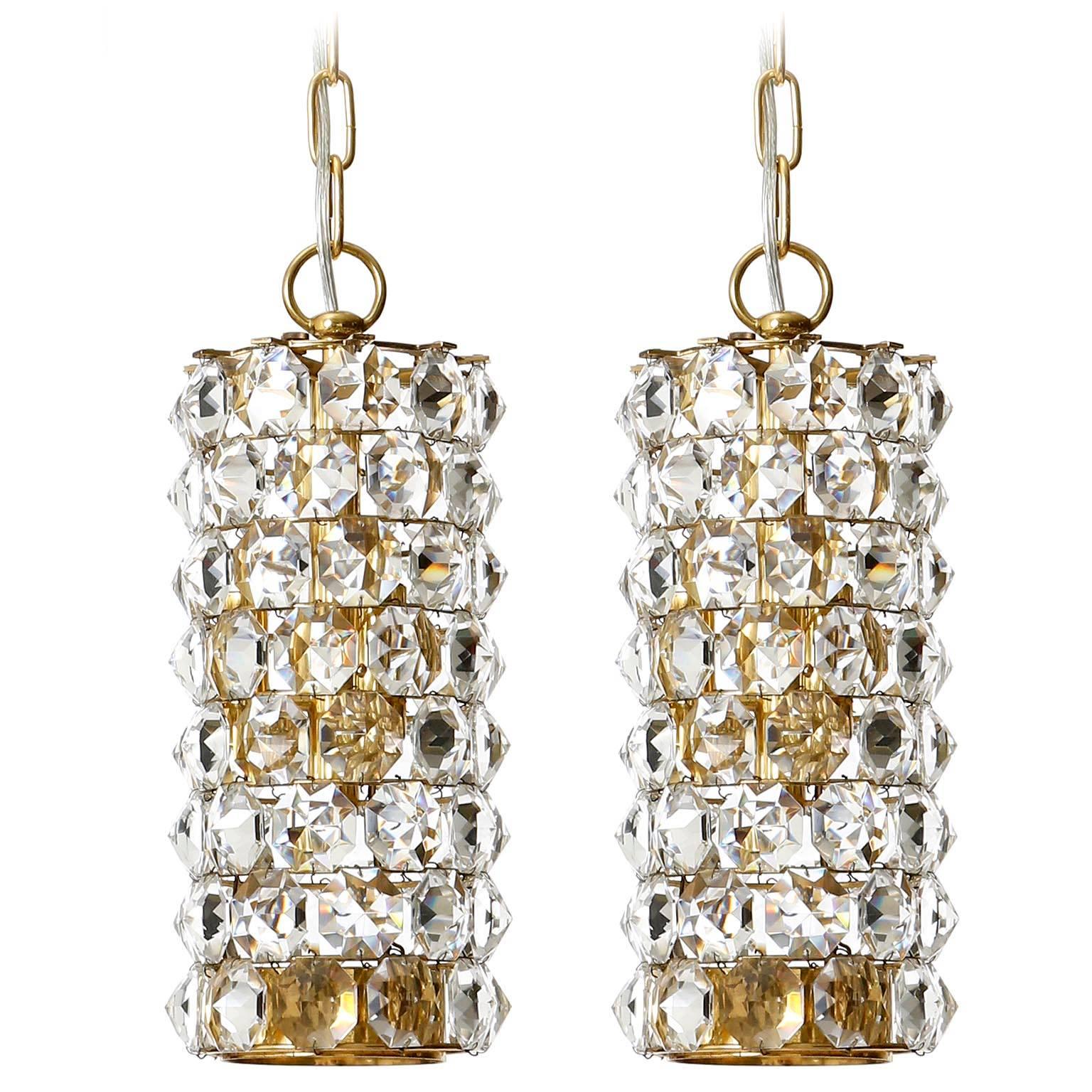 Pair of J.L. Lobmeyr Pendant Lights Lanterns, Brass Crystal Glass, 1960s