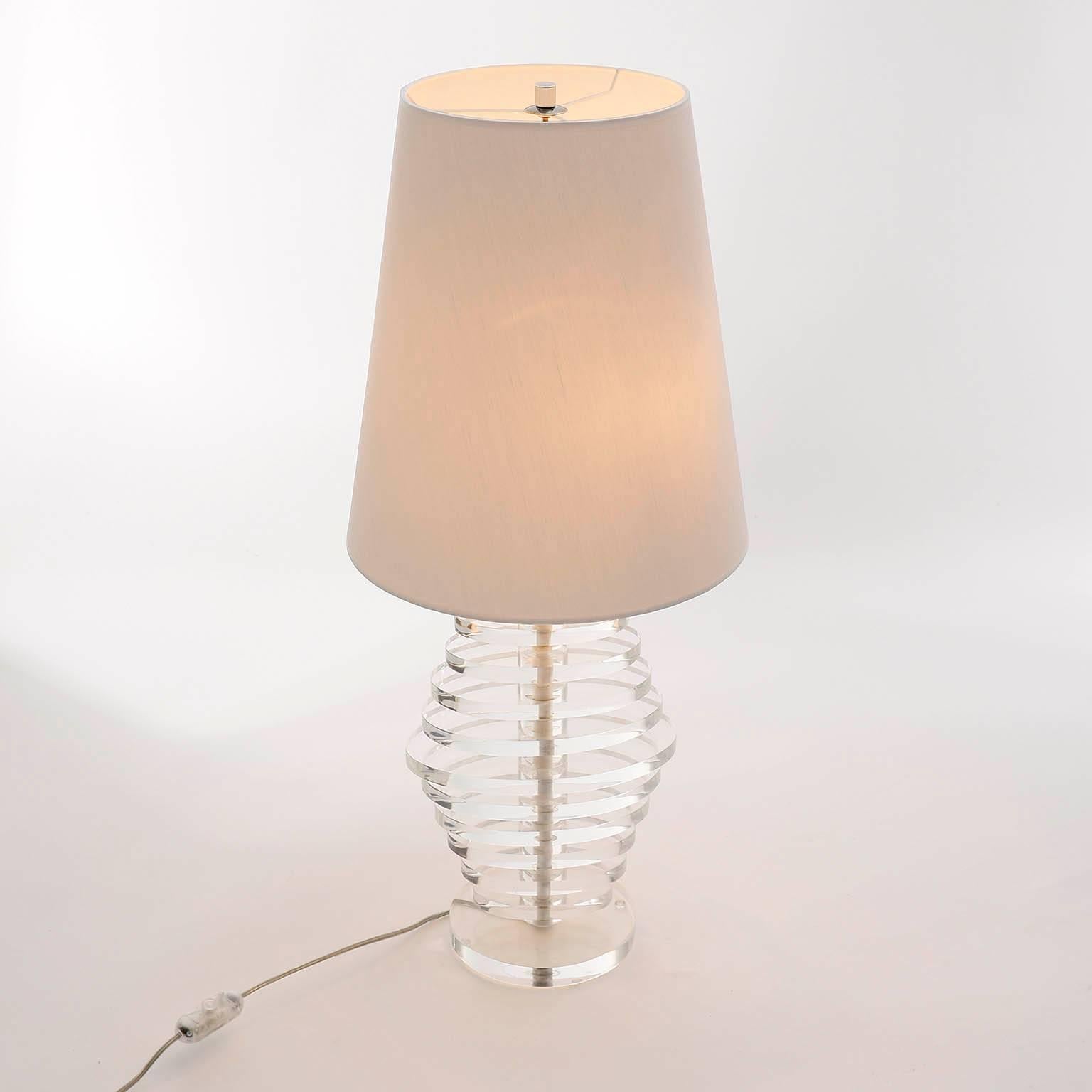 Large Karl Springer Style Table Lamp, Stacked Lucite Chrome, 1970 For Sale 1