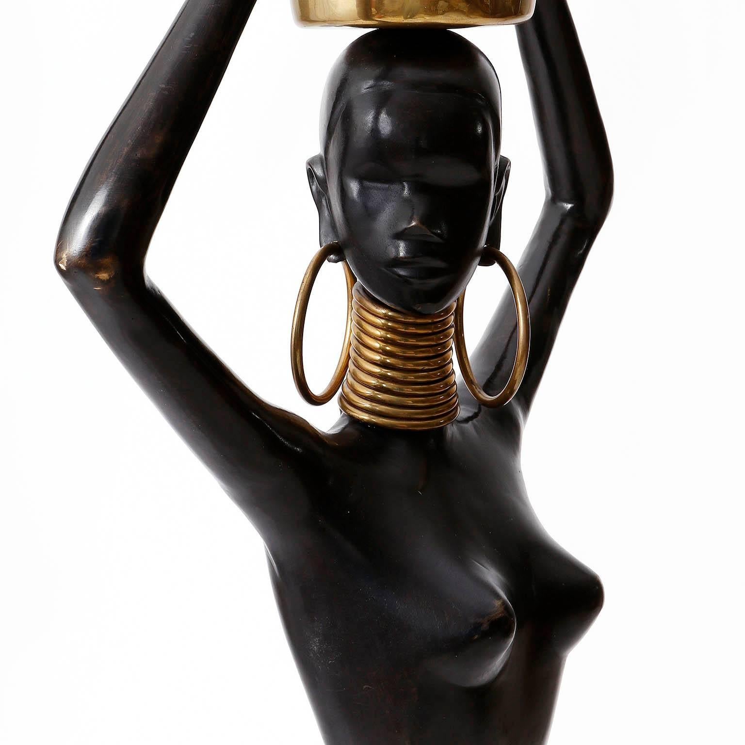 European Human Size African Woman Sculpture Figurine, Polished and Blackened Brass, 1950