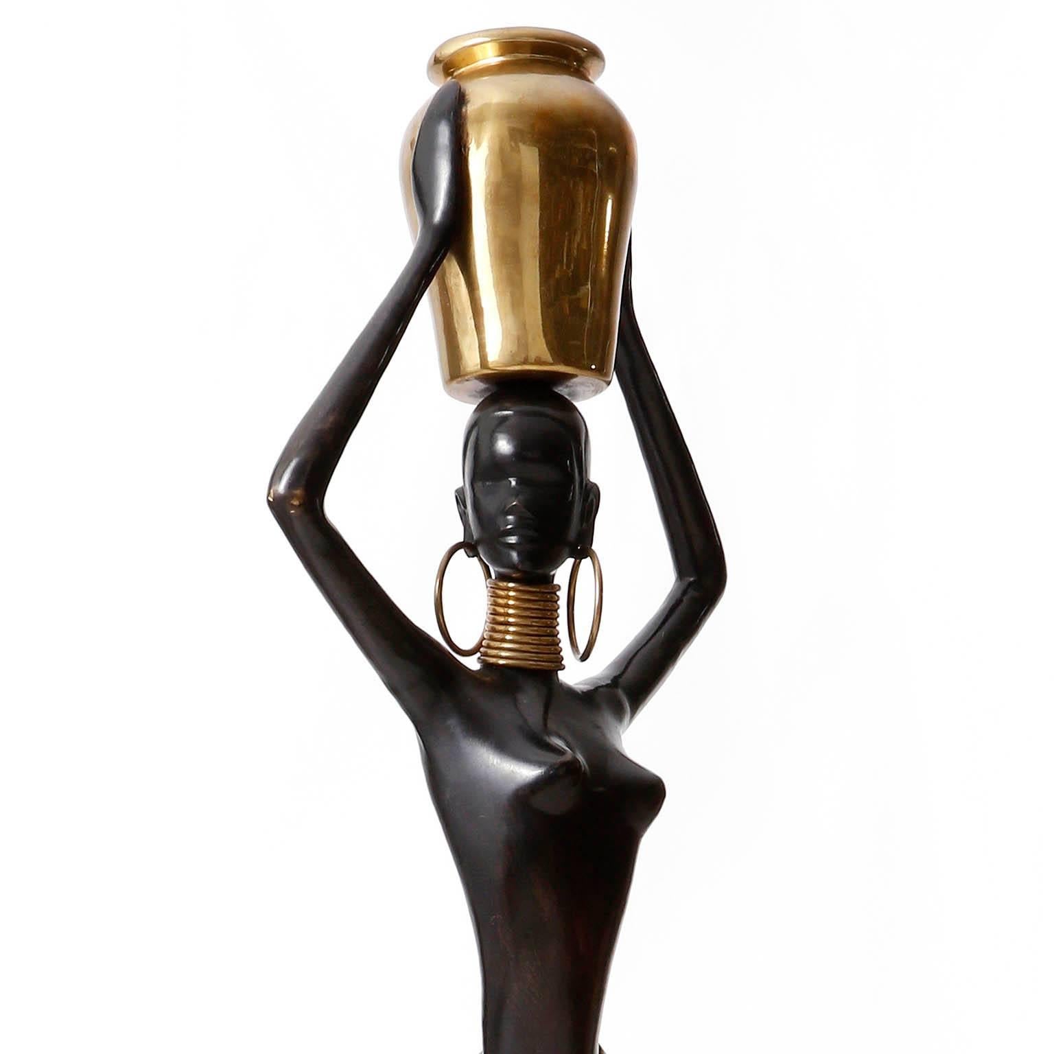 Mid-Century Modern Human Size African Woman Sculpture Figurine, Polished and Blackened Brass, 1950