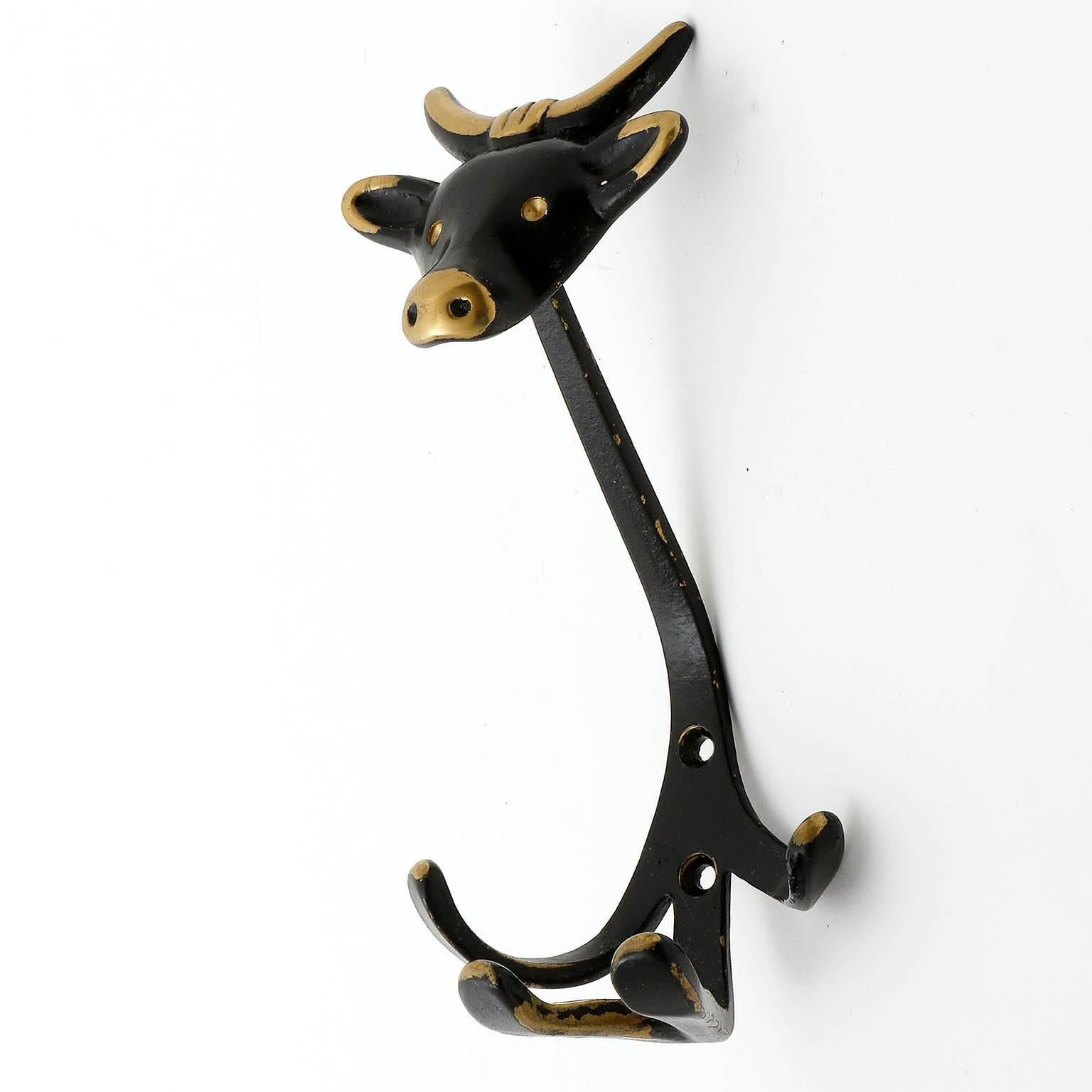 Mid-Century Modern Three Bull Coat Wall Hooks Blackened Brass by Walter Bosse, Austria, 1950s