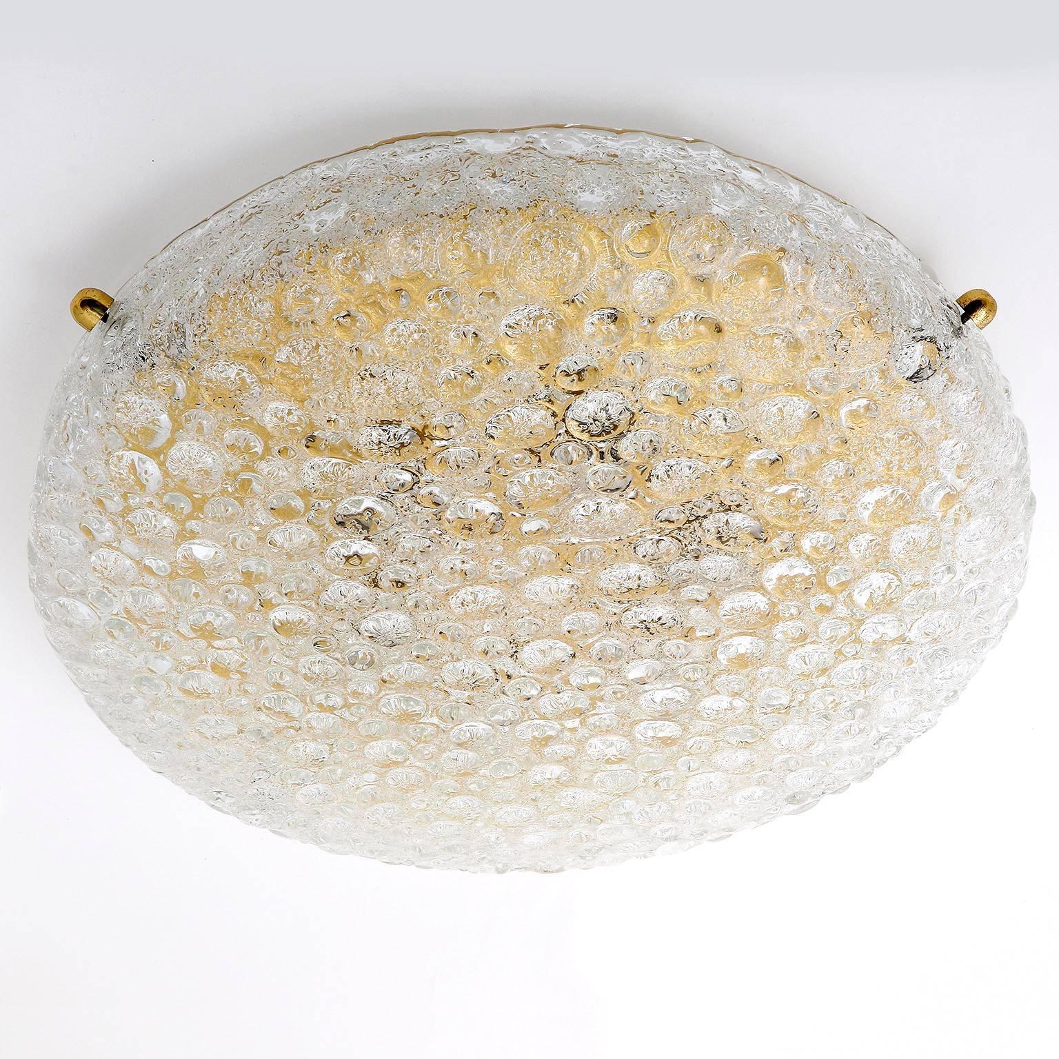 Mid-Century Modern Two Enormous Flush Mount or Wall Lights by Hillebrand, Brass Bubble Glass, 1970