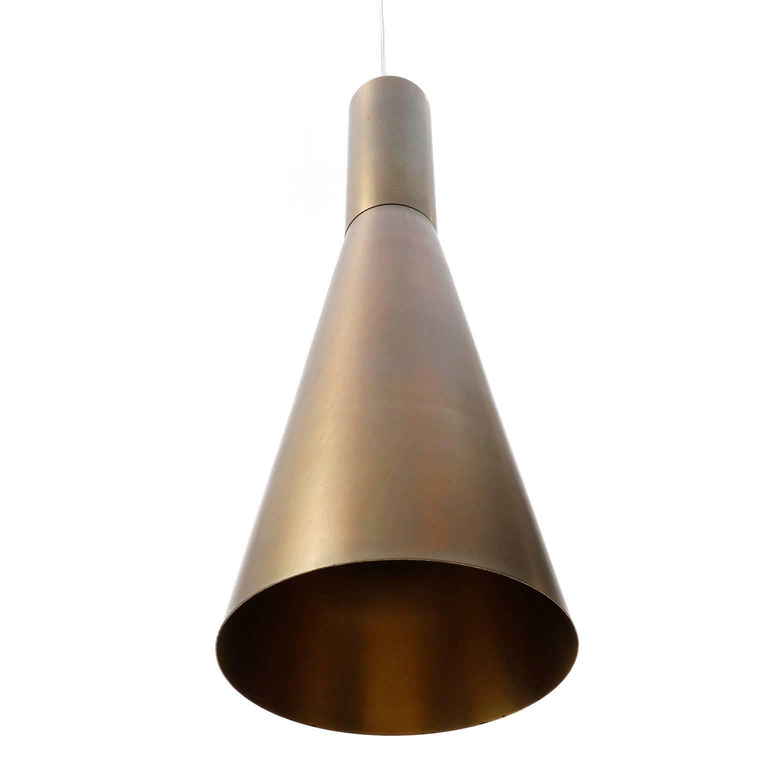 Mid-Century Modern One of 9 Large Patinated Brass Pendant Lights, 1960s For Sale