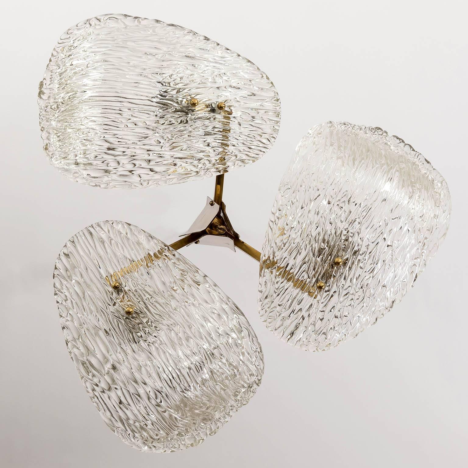 J.T. Kalmar Flush Mount Light 'Trivon', Brass and Textured Glass, Austria, 1960 In Excellent Condition In Hausmannstätten, AT
