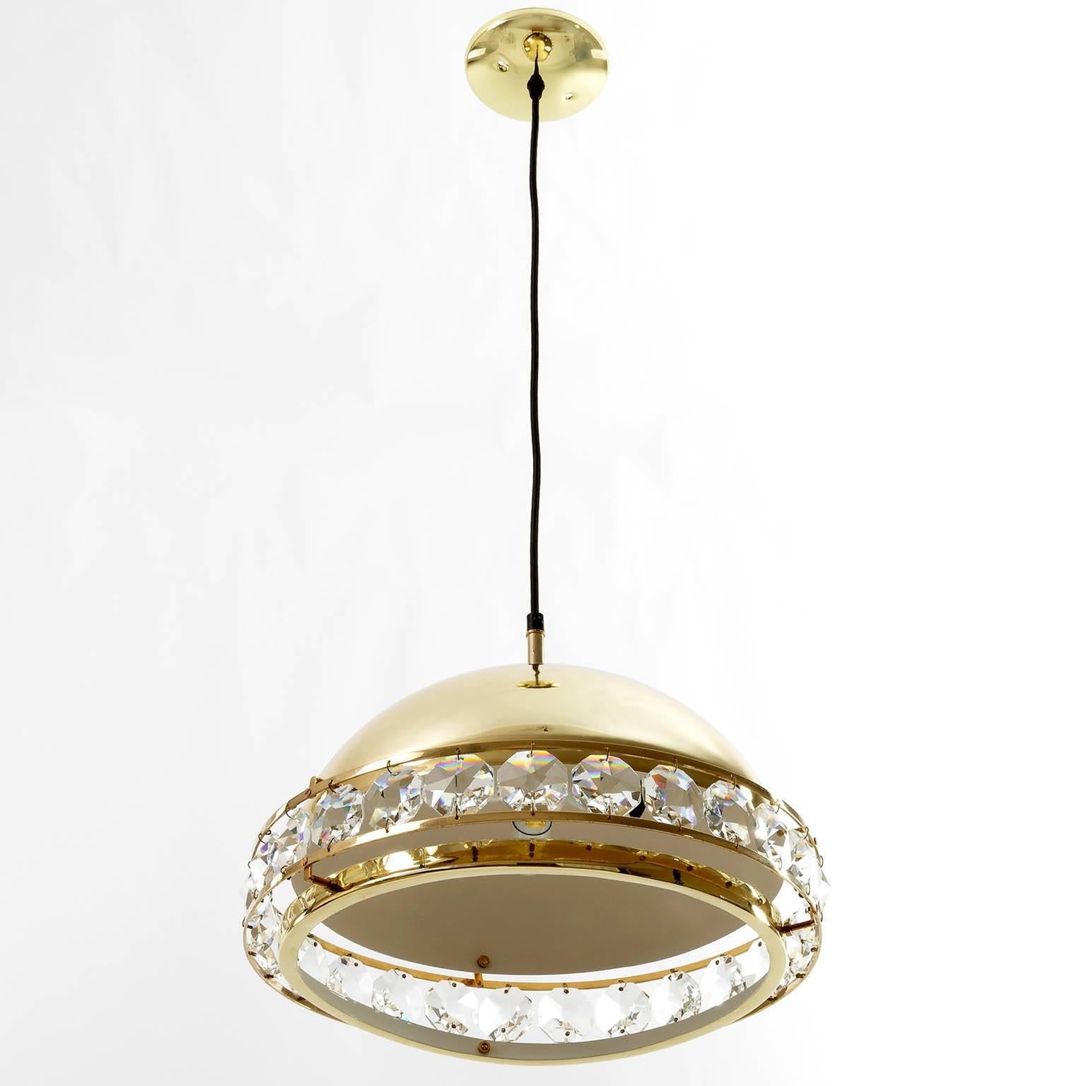 Plated Pendant Light, Brass Cut-Glass, 1960s For Sale