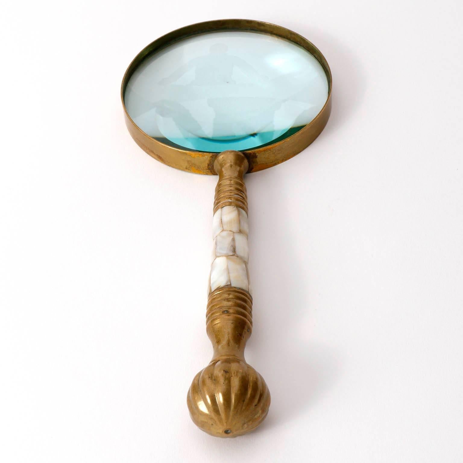 Jugendstil Magnifier Magnifying Glass, Brass Mother-of-Pearl, circa 1900