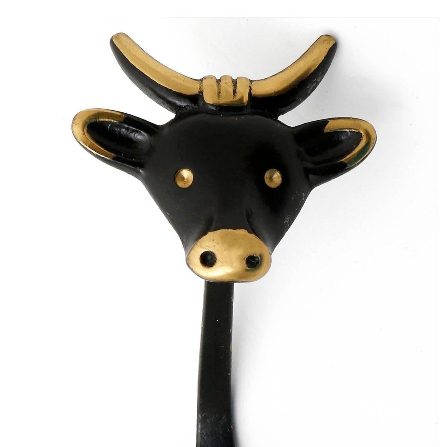 Austrian Coat Wall Hooks Lion Bull Monkey, Blackened Brass, Walter Bosse, Austria, 1950