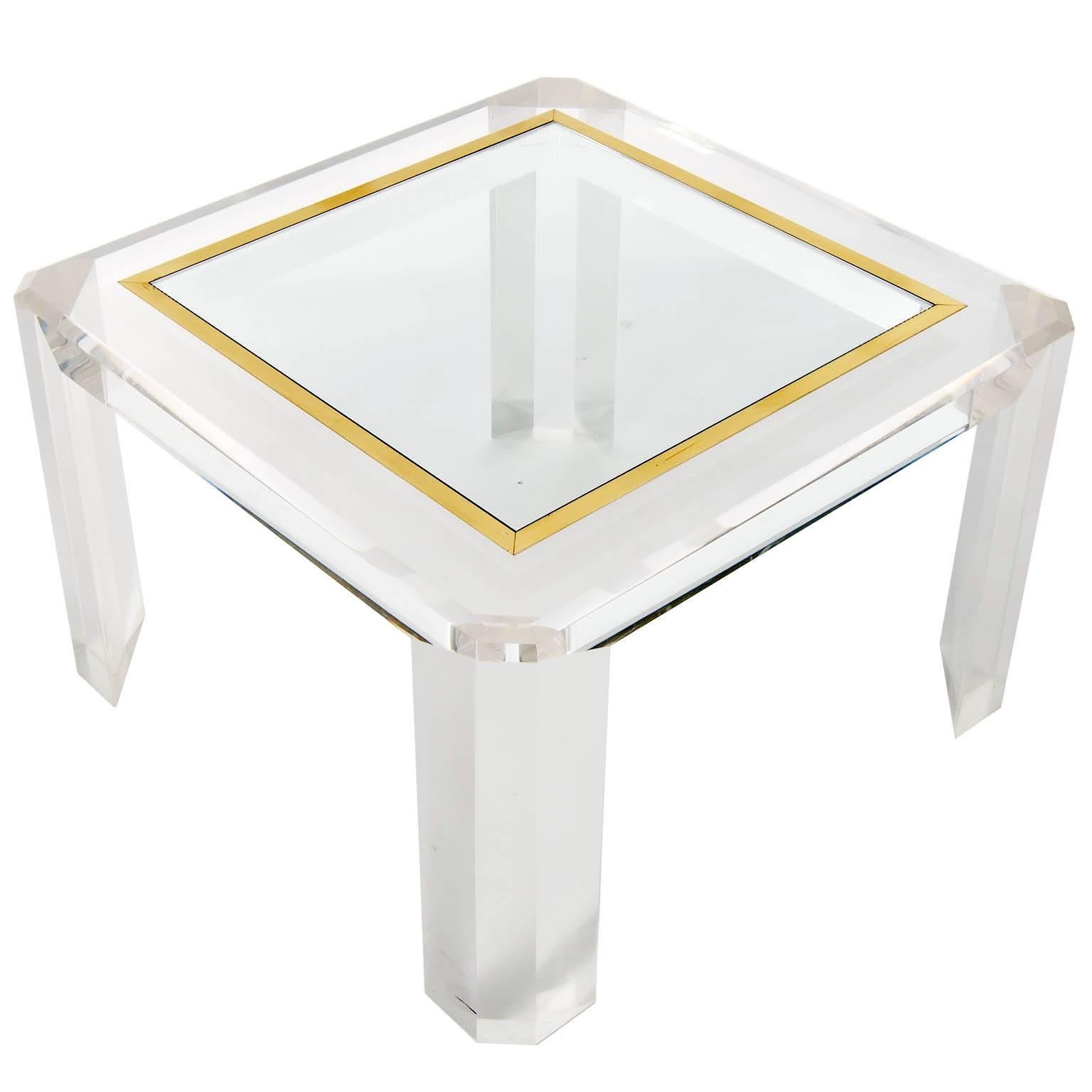French Pair of Lucite Coffee Cocktail Tables, Brass Glass, 1970s