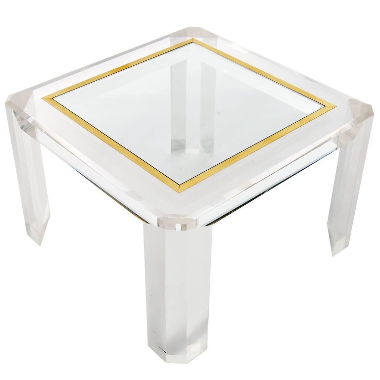 French Pair of Lucite Coffee Cocktail Tables, Brass Glass, 1970s For Sale