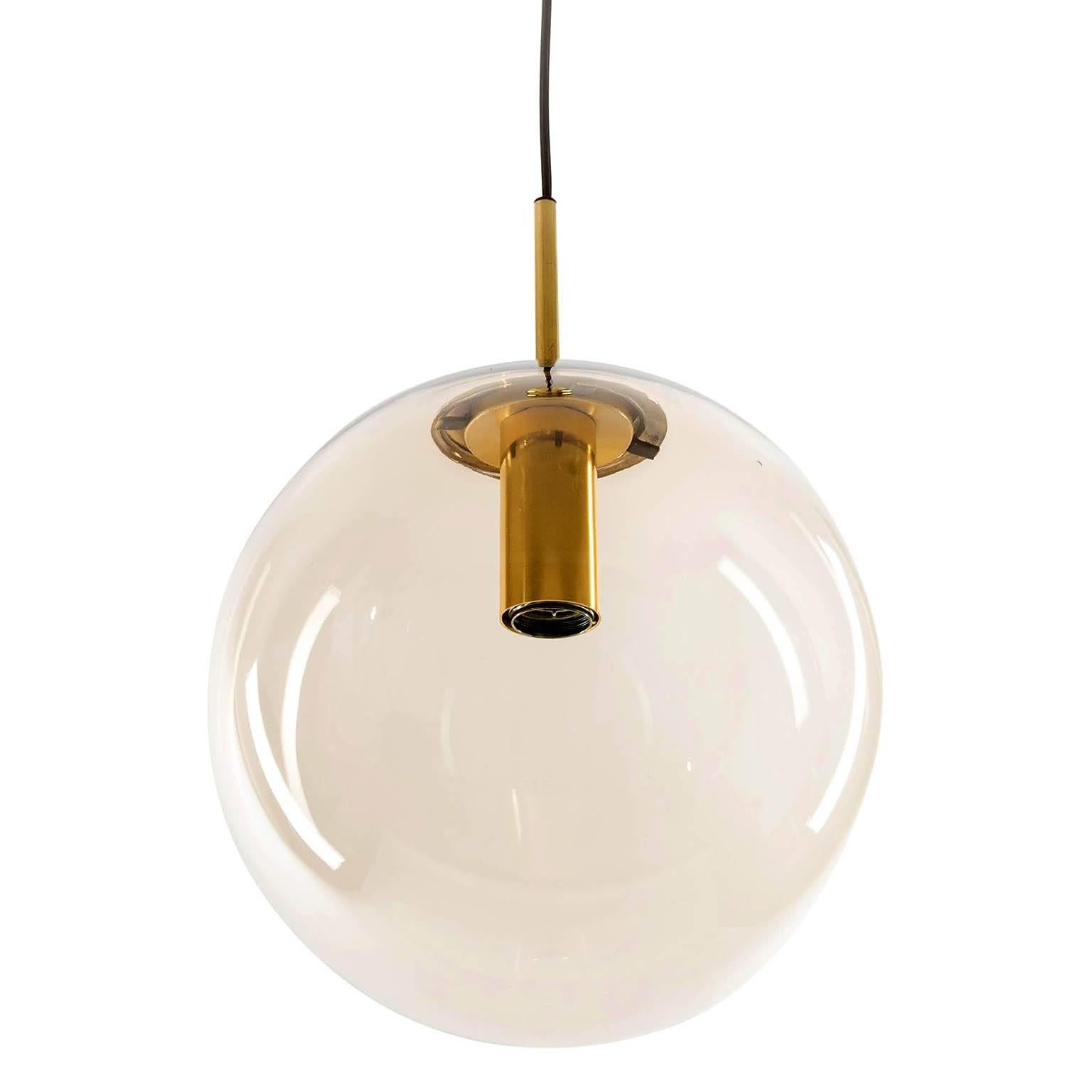 German Set of Six Limburg Globe Pendant Lights, Brass and Smoked Glass, 1970s