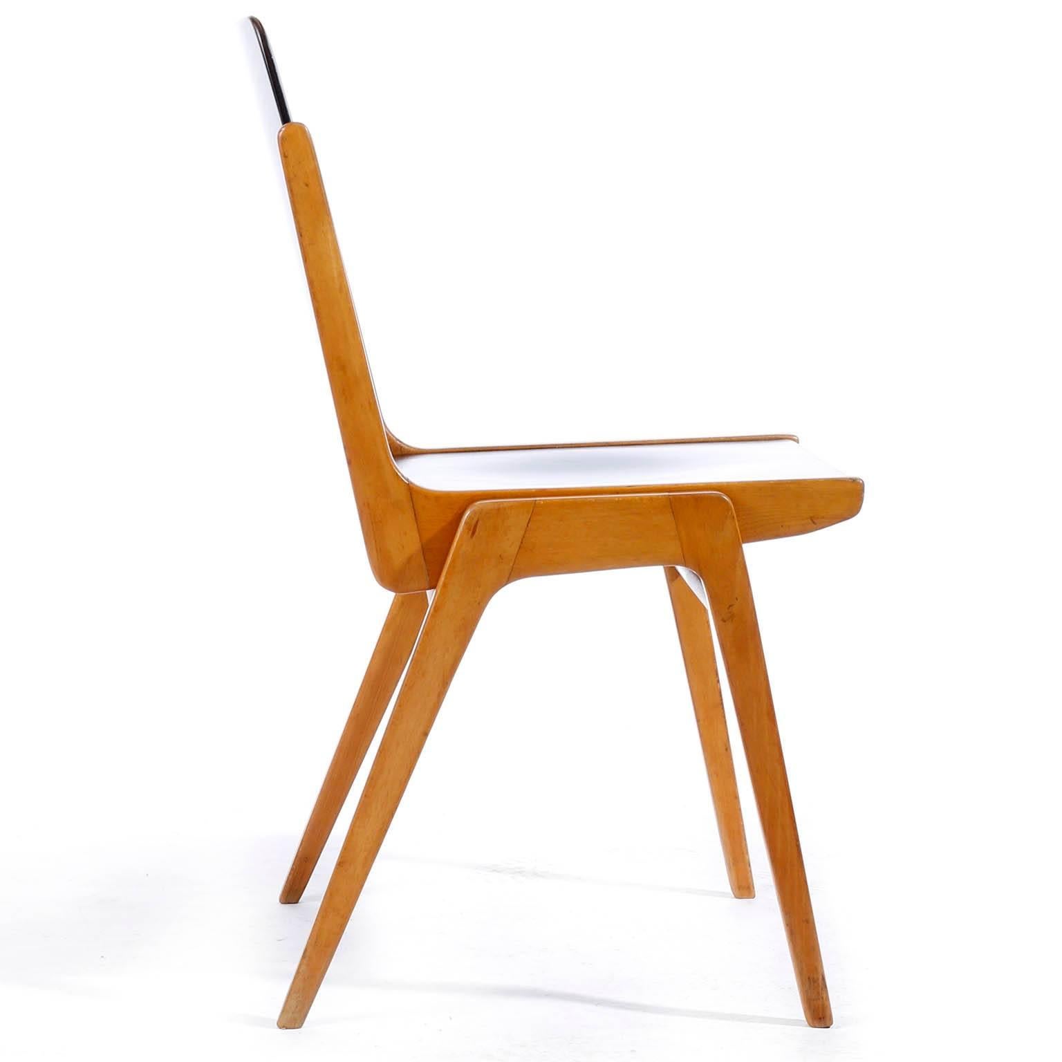 Stained Set of Eight Stacking Chairs by Franz Schuster, Bicolored Beech Black, Austria