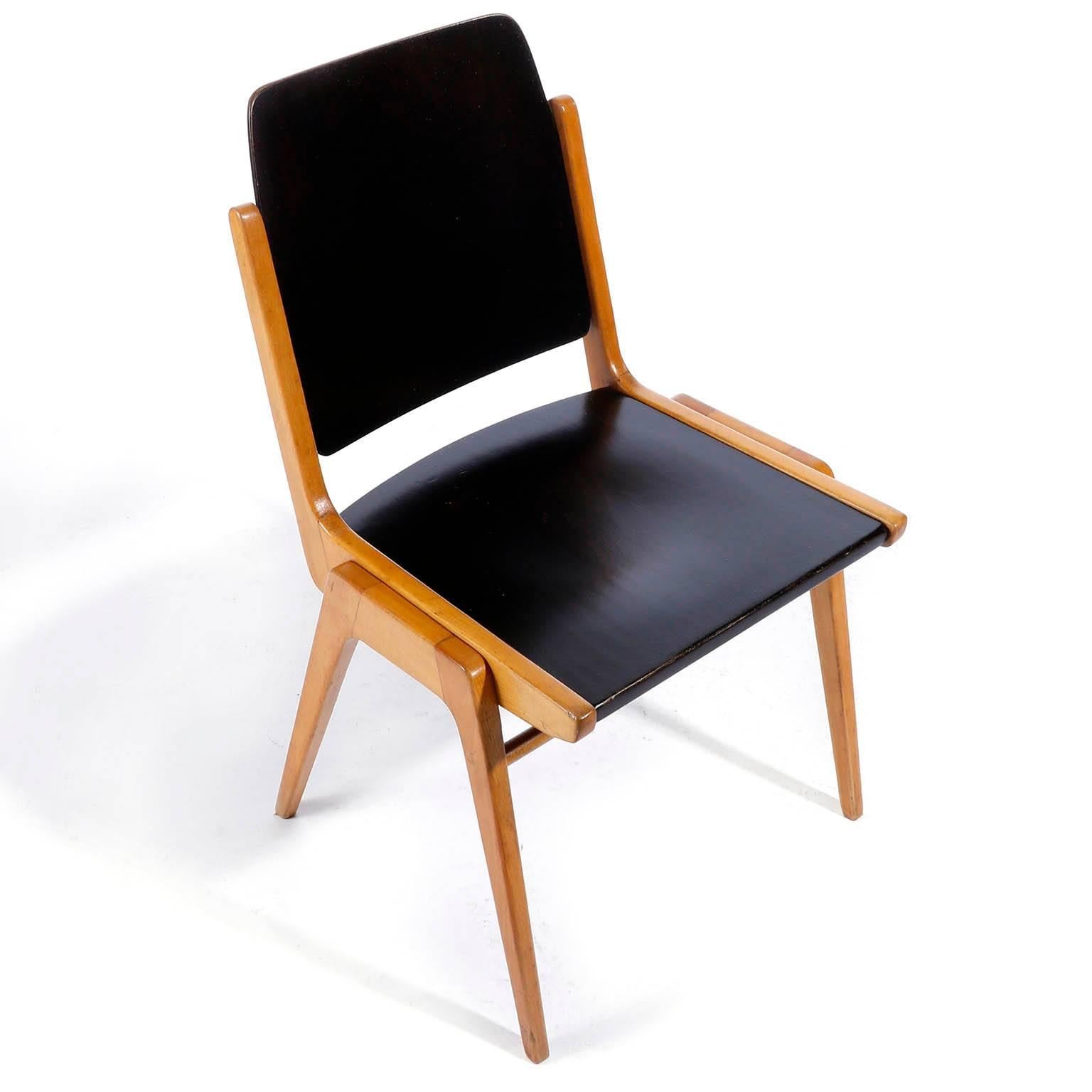 Mid-20th Century Set of Eight Stacking Chairs by Franz Schuster, Bicolored Beech Black, Austria